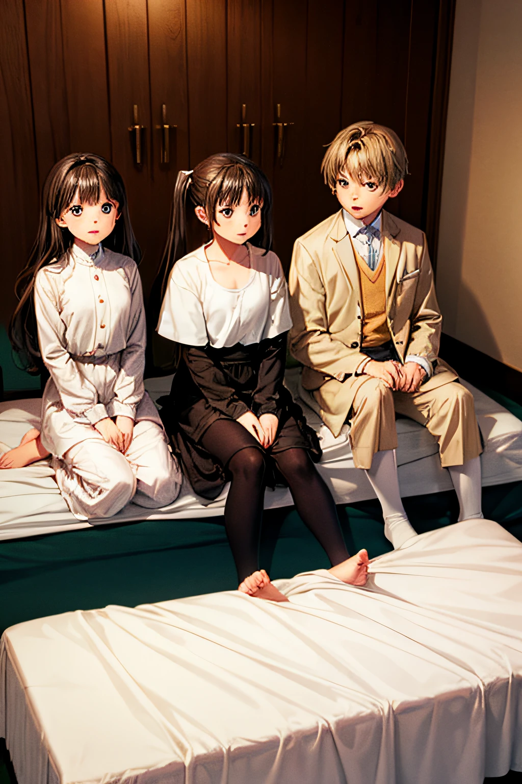 Two girls and a boy slept in a large bed