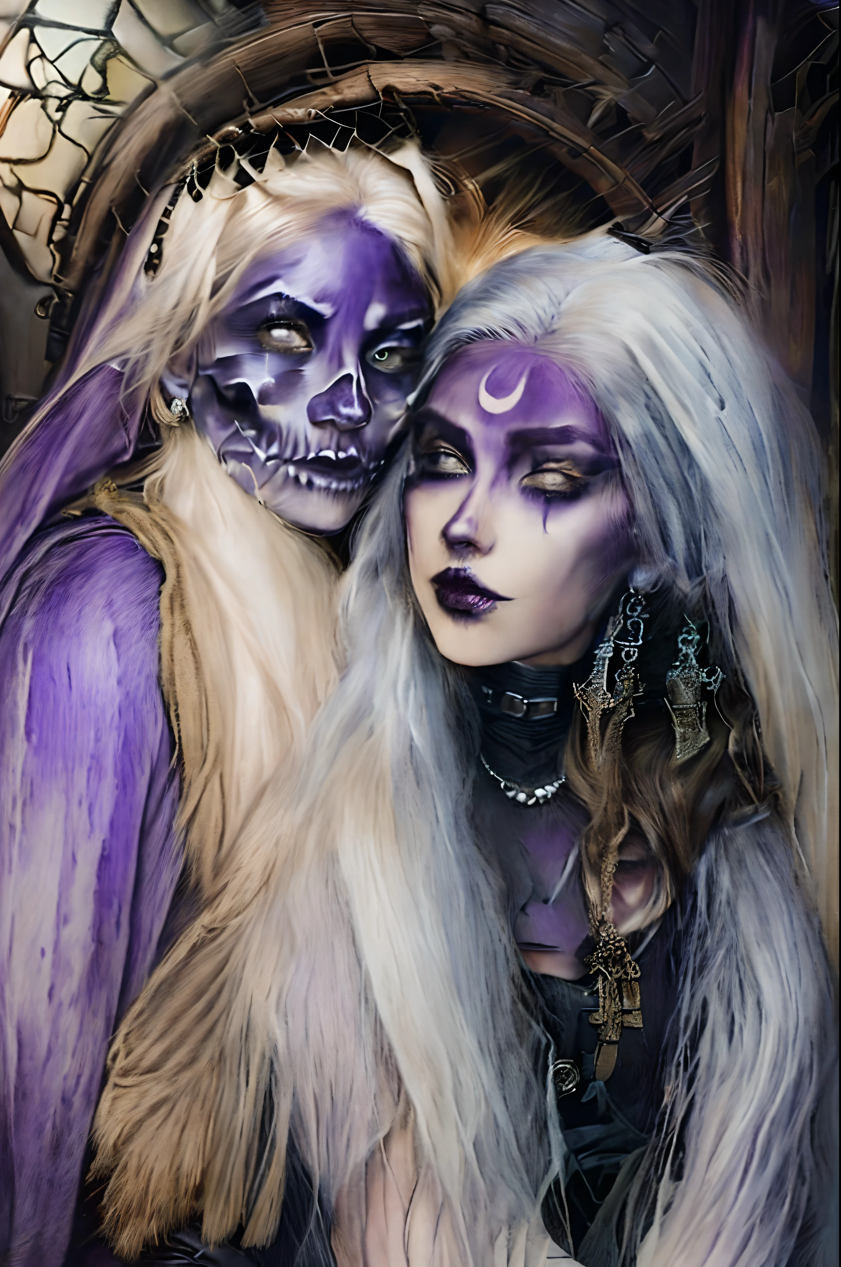 (Photograph of a Celtic witch standing on a Halloween bat in a castle), (Clear and perfect facial features,) Medieval European purple dress, Belted top, Cloak, mitts, Smooth or textured fabrics, Silk, Velvet or leather, Dark skin, skeleton face，Smoky makeup, （Bloody mouths and large skulls）, Ugly costumes，Gothic or medieval style necklaces, bracelets and earrings, Background: sankta. Debate Castle,themoon，the bats，Bat Castle, (The whole is blue-violet light）,Cartoony，illustration，sorceress woman，concept art of character,Game scene graph,close up photograph,Photography,Clear facial features,A beautiful painting by Alphonse Mucha,Louis Comfort Tiffany,Painted in the traditional French art style,Ukiyo-e art,surrealism,Fever-Dream,Blame the core,author：david bailey,illusory engine,corona rendered,Quixel Megascans Render,v-ray,rendered on octane,archviz/building rendering,ultra-wide-angle,full bodyesbian(WS),Dramatic Lighting - AR 9:16 --V 5.2 --style raw --uplight --tile