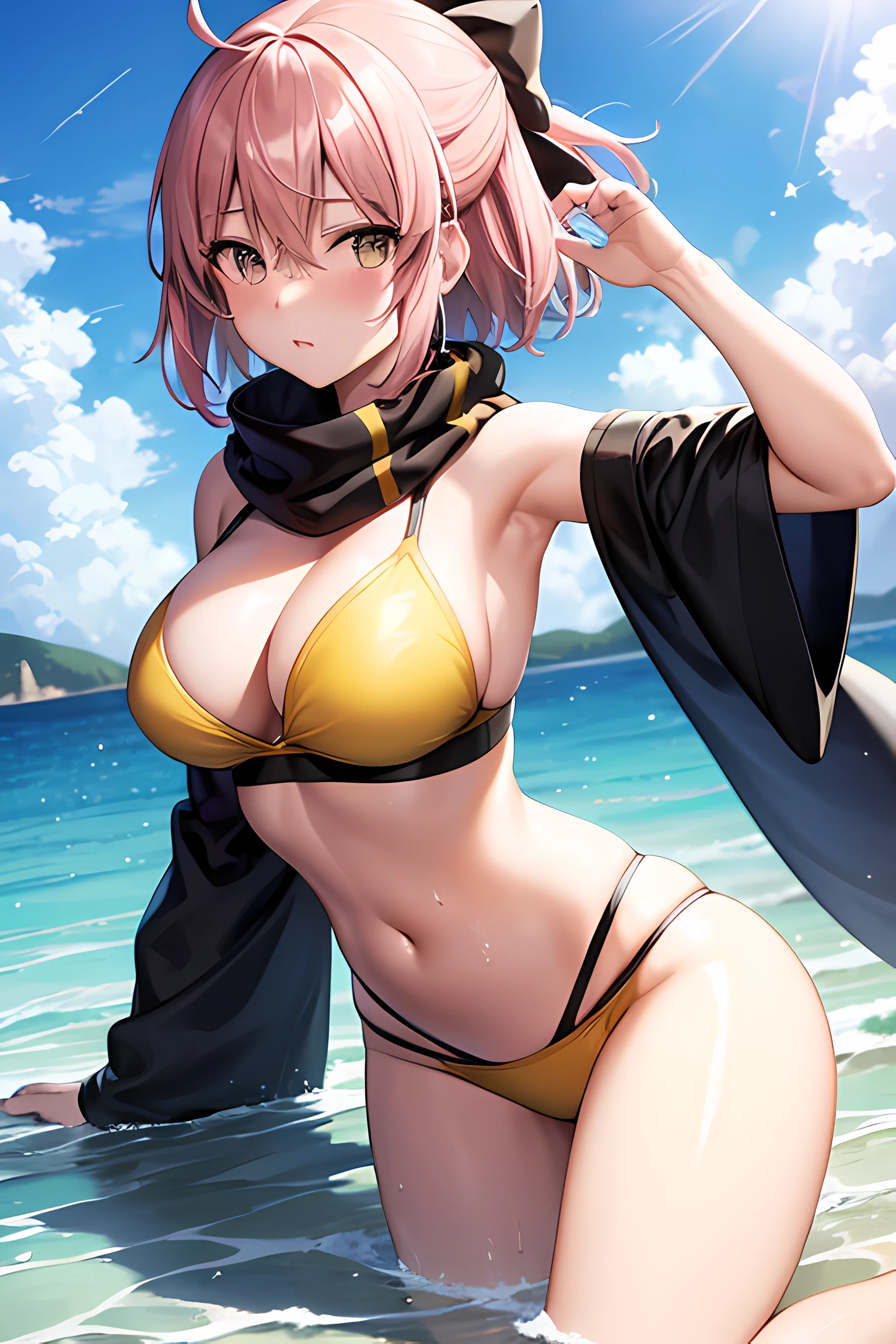 Photo of okita souji, ahoge, pink hair, hair between eyes, hair bow, short hair, yellow eyes, asymmetrical sleeves, bikini, black bikini, black scarf, black sleeves, detached sleeves, multi-strapped bikini, navel, scarf, swimsuit, uneven sleeves, on a sunny beach, (light skin), (sweating) ,(beautiful scenery),(perfect face), masterpiece, blush, 1girl, solo, full body, MILF, beautifully drawn eyes, perfect eyes, perfect lighting, playing in the water