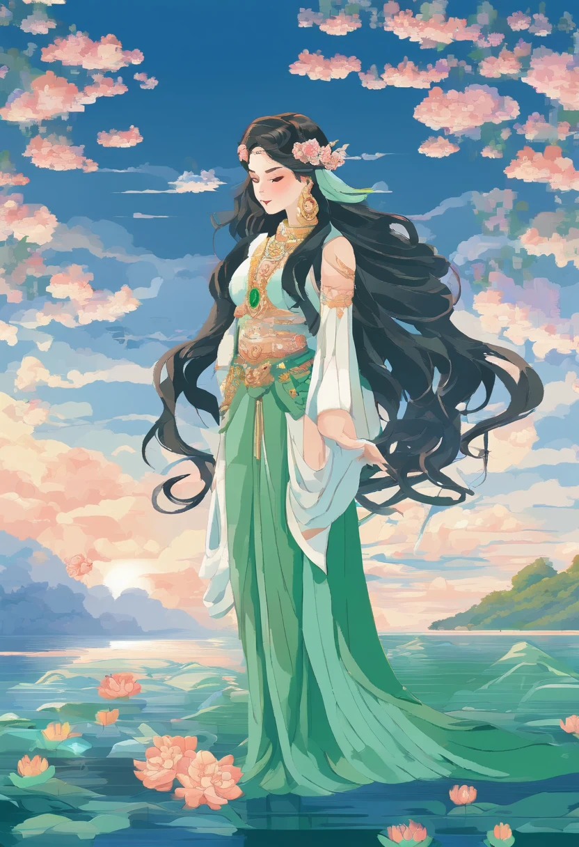 (best quality,4k,8k,highres,masterpiece:1.2),ultra-detailed,(realistic,photorealistic,photo-realistic:1.37),traditional culture,illustration,sea goddess,portrait,beautiful detailed face,serene expression,flowing long hair,traditional costume,lotus pattern,ornaments,decorative jewelry,elaborate headdress,sea background,calm ocean waves,soft sunlight,emerald green and azure blue color palette,ethereal lighting