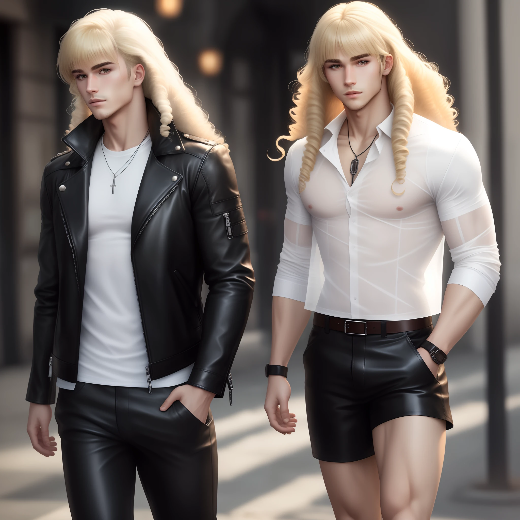 create a male character wearing a translucent white shirt under a leather jacket with long blond curly hair and bangs