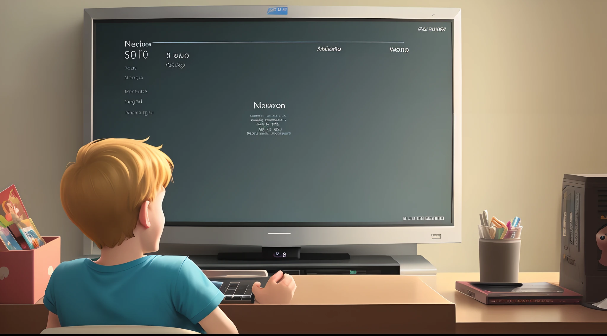 Newton watching cartoon on lcd and laughing