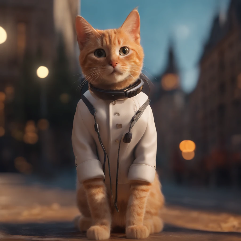 ((Best quality, 8K, Masterpiece: 1.4)),((Amazing detail: 1.3)),((illustration, Hairstyle Casual: 1.2)),((high resolution: 1.1)), A cute cat standing, headset on head, Tactical coat, Fashionab, Soft light, Colorful, Depth of field, Cinematic lighting, From below, Anatomically correct, Amazing art of painting, No Man