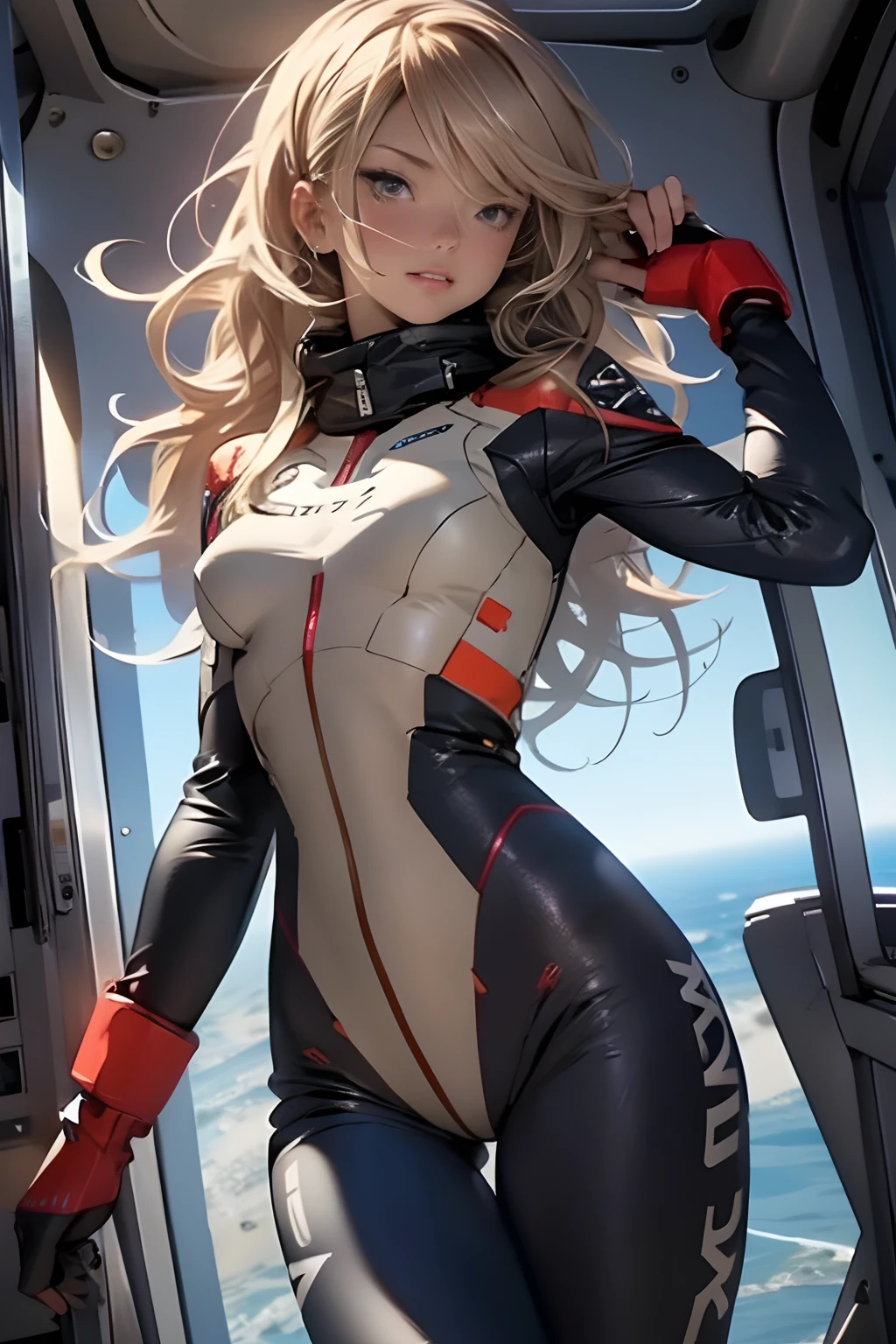 sandy hair muscular large breasts slender thighs slender waist pilot suit solo looking at viewer in space long hair blushing determination