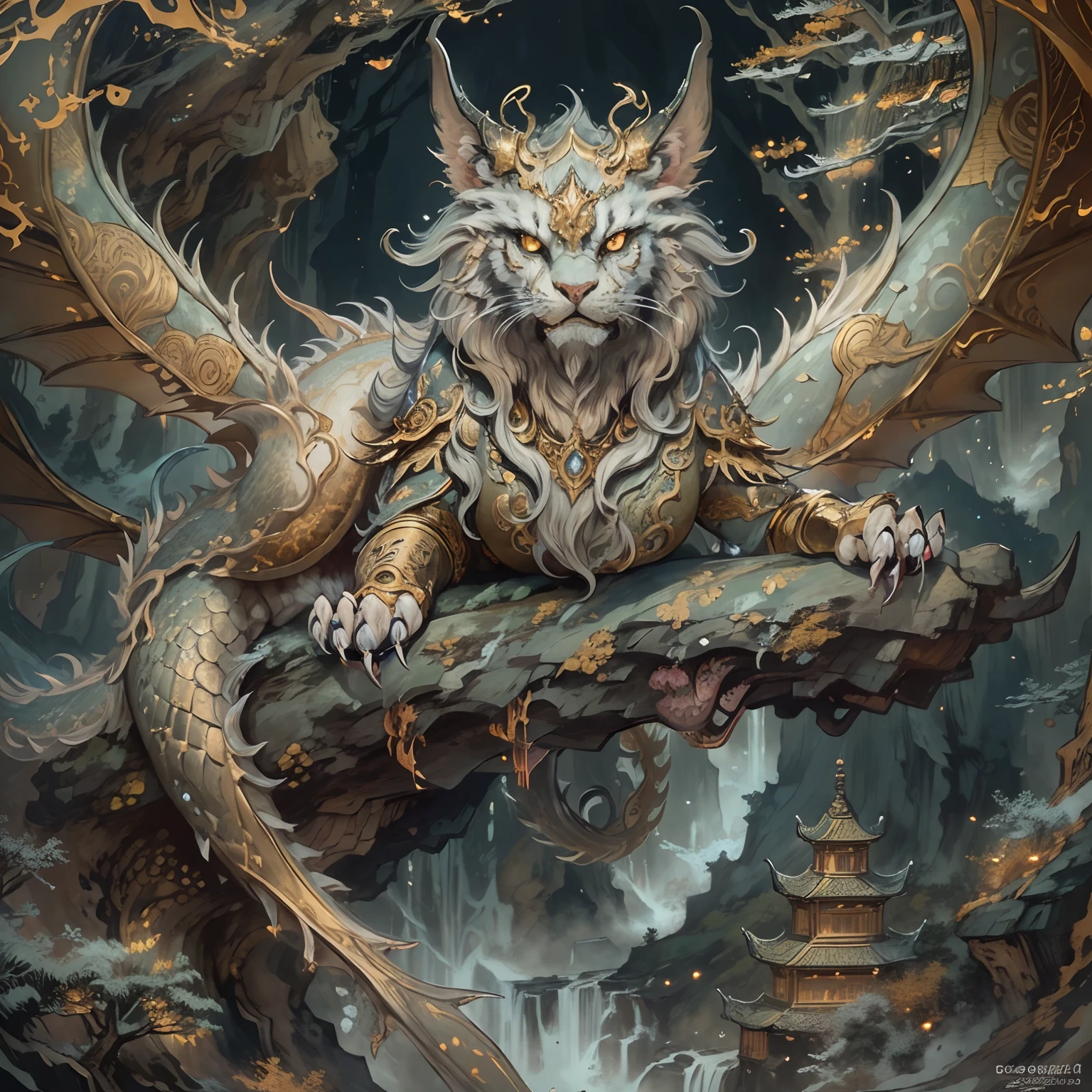 (Best quality,8K,A high resolution,Masterpiece:1.2),Ultra-detailed,(Realistic,Photorealistic,photo-realistic:1.37),Ancient beasts from hell,Chinese mythology,Mountain and Sea Sutra,the mountains and the sea,Ancient legends,mythological creatures,Sparkling golden scales,faucet,mane hair,Dragon whiskers,The body of a cat,Long tail,large wings,Wings cocked,Sharp claws,beast of prey,buck teeth,sparkling big eyes, Intricate fantasy ink painting, Detailed fantasy ink illustration, fantasy highly detailed, beautiful detailed fantasy, magic fantasy highly detailed, highly detailed fantasy art, epic rivendell fantasy, japanese fantasy, detailed fantasy digital art, Chinese fantasy, detailed fantasy art,