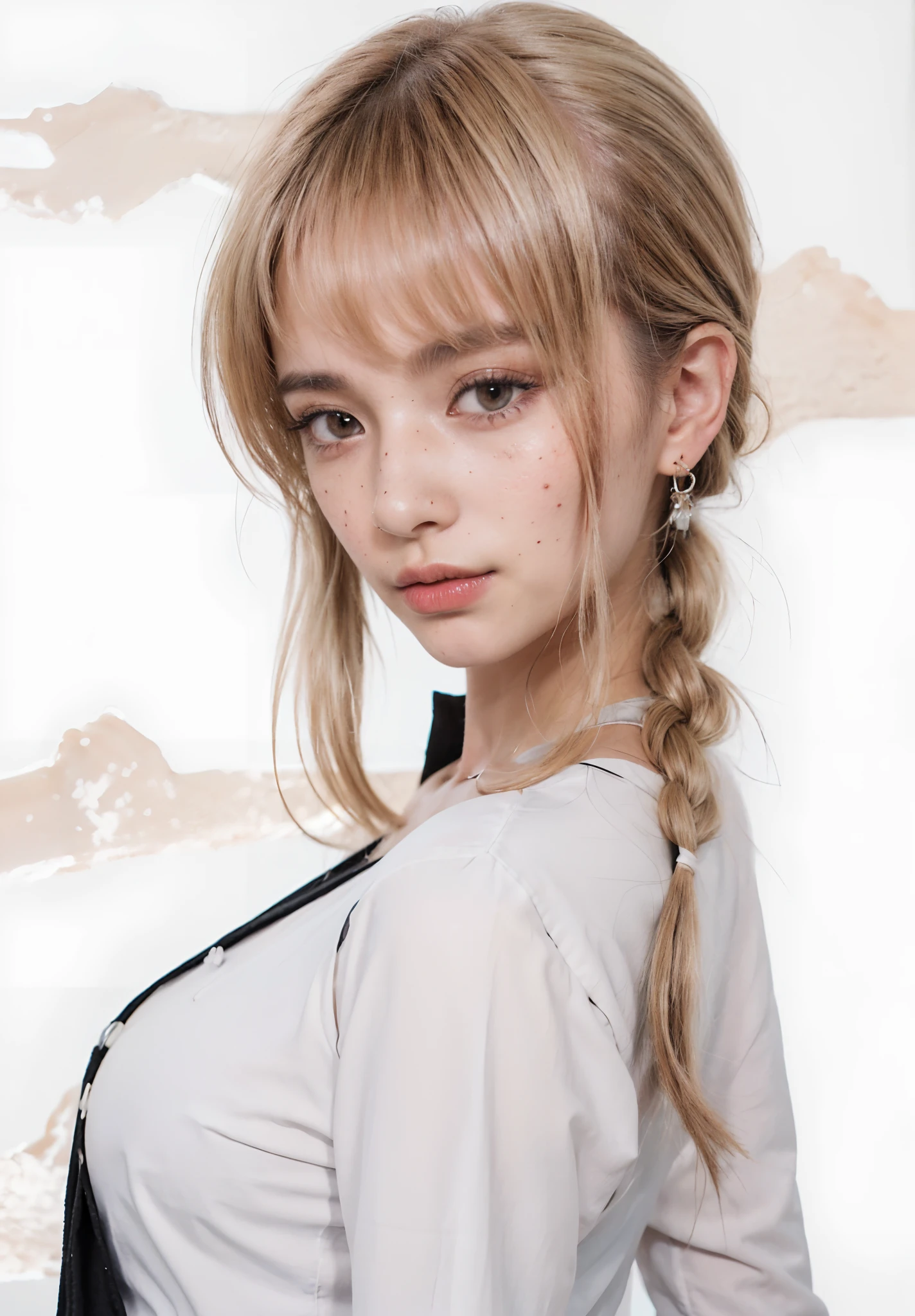 portrait、masterpiece:1.3、one girl、Upper body、Upper body、baby face、natural look、very cute、charming eyes、small breasts、platinum blonde hair、shortcut、短いtwin tails:1.3、twin tails、plump lips、no makeup、luxury shirt with lace、black shirt、RAW photo、最high quality、High resolution、Super detailed、high quality、Detailed details、8k、(((blurred background、gray walls、gray background、White world、studio:1.5、cinematic lighting、professional photographer)))