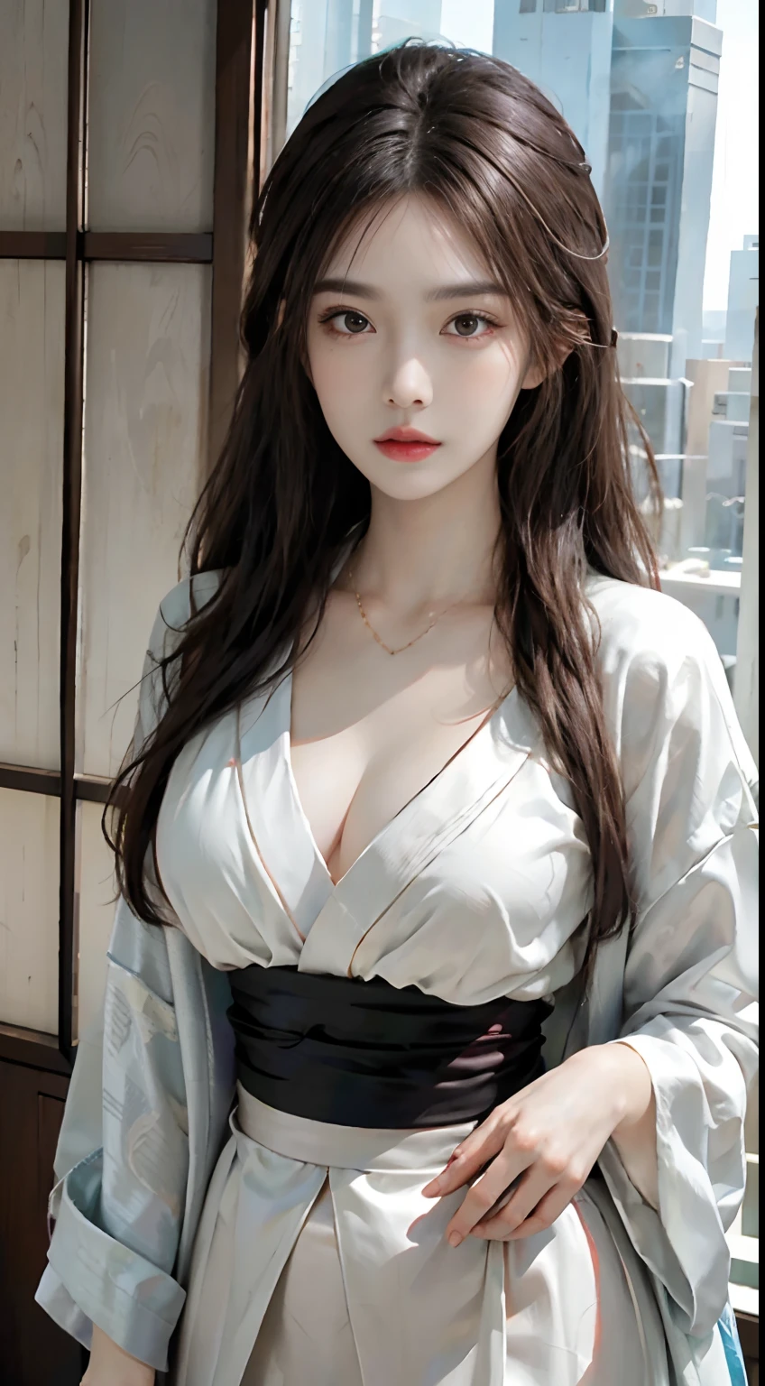 photorealistic, high resolution, 1women, solo, hips up, look at viewer, (detailed face), kimono, tattoo, jewelry