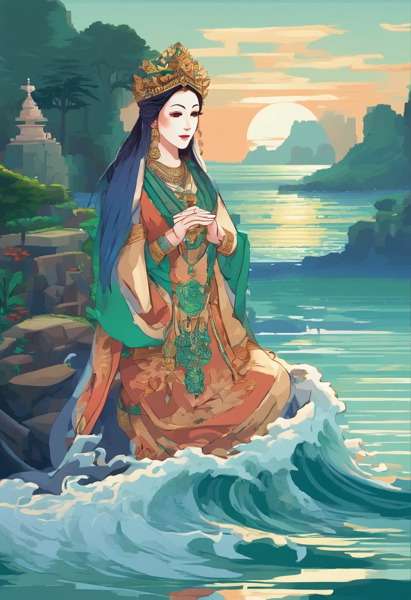 (Best quality,4K,8K,A high resolution,Masterpiece:1.2),Ultra-detailed,(Realistic,Photorealistic,photo-realistic:1.37),Traditional culture,illustration,goddess of the sea,Portrait,Beautiful detailed face,Serene expression,long and flowing hair,traditionalcostumes,Lotus motif,Ornaments,Decorative jewelry,Delicate headgear,Sea background,calm ocean waves,Soft sunlight,Emerald green and cerulean blue palette,Ethereal lighting