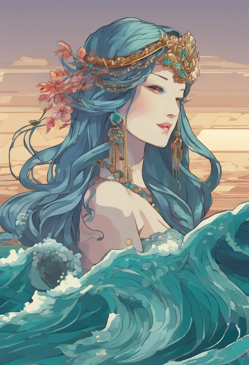 (Best quality,4K,8K,A high resolution,Masterpiece:1.2),Ultra-detailed,(Realistic,Photorealistic,photo-realistic:1.37),Traditional culture,illustration,goddess of the sea,Portrait,Beautiful detailed face,Serene expression,long and flowing hair,traditionalcostumes,Lotus motif,Ornaments,Decorative jewelry,Delicate headgear,Sea background,calm ocean waves,Soft sunlight,Emerald green and cerulean blue palette,Ethereal lighting
