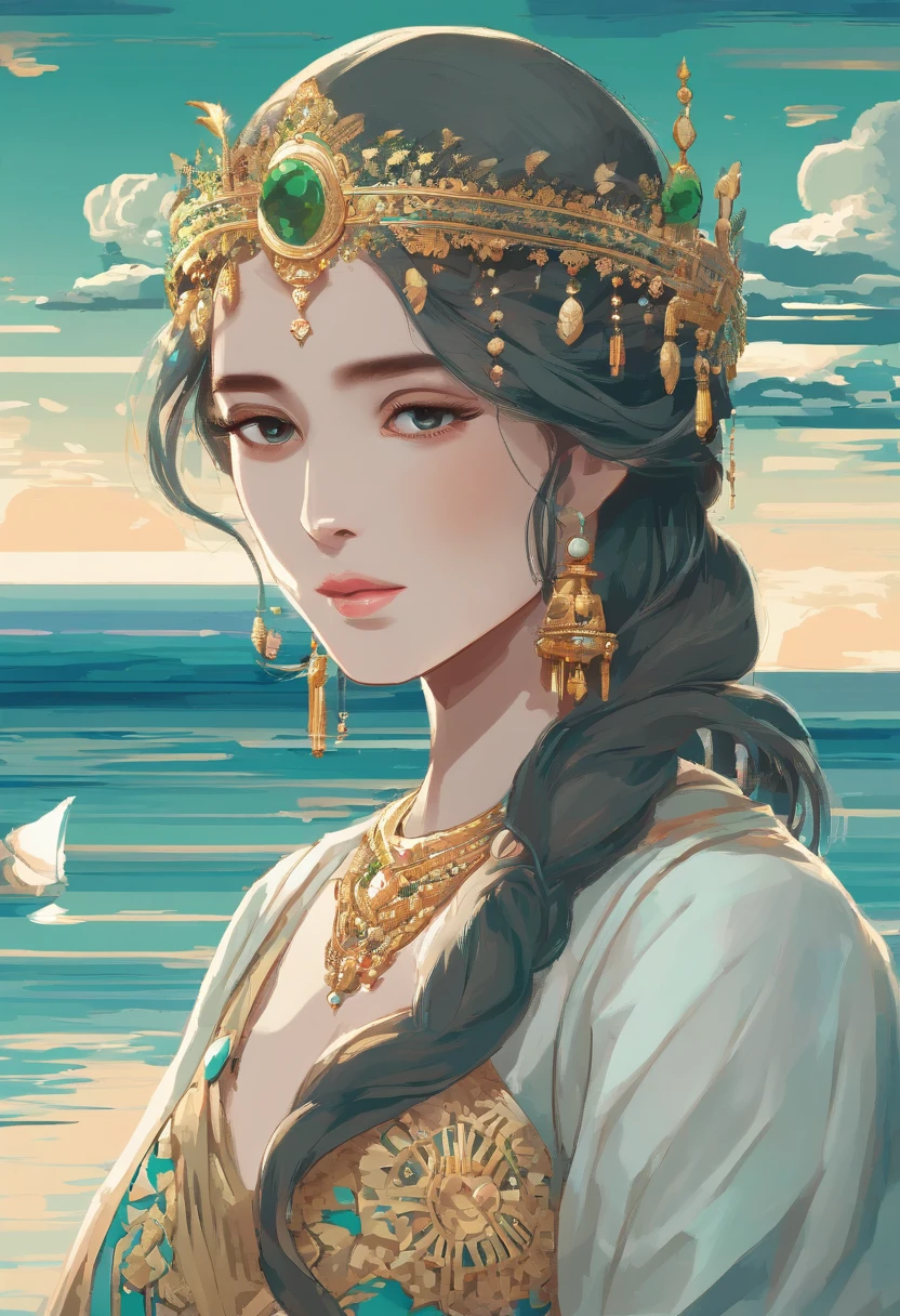 (Best quality,4K,8K,A high resolution,Masterpiece:1.2),Ultra-detailed,(Realistic,Photorealistic,photo-realistic:1.37),Traditional culture,illustration,goddess of the sea,Portrait,Beautiful detailed face,Serene expression,long and flowing hair,traditionalcostumes,Lotus motif,Ornaments,Decorative jewelry,Delicate headgear,Sea background,calm ocean waves,Soft sunlight,Emerald green and cerulean blue palette,Ethereal lighting