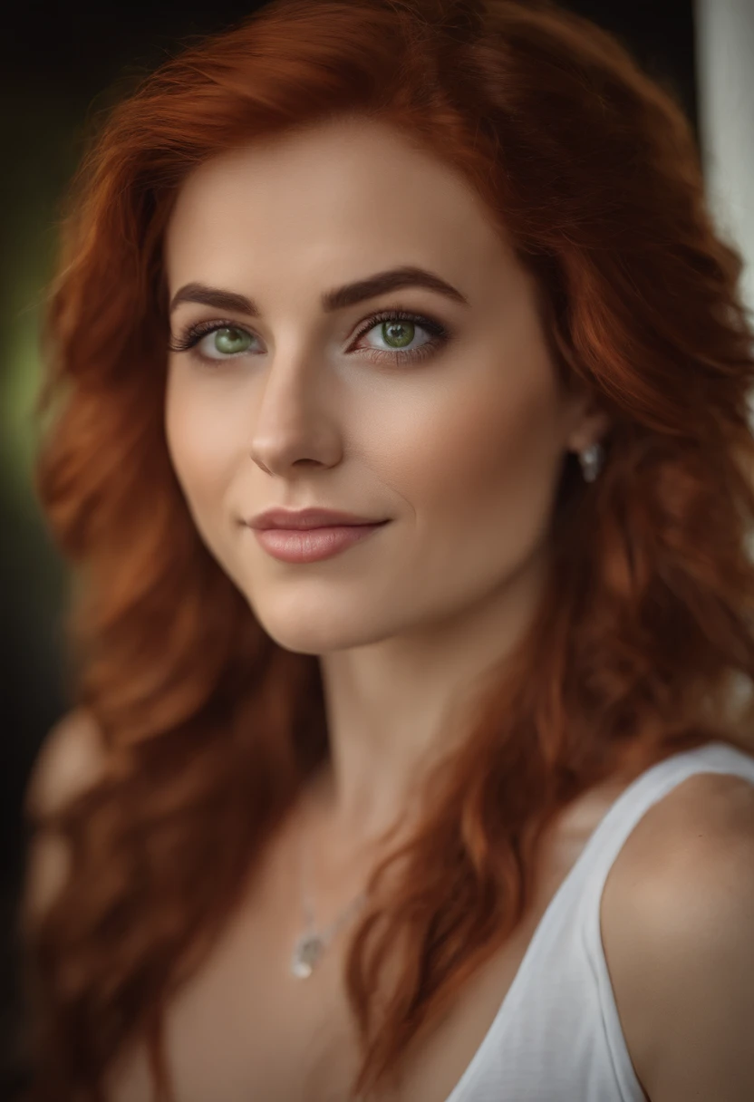 arafed woman with a white tank top and a necklace, sexy girl with green eyes, portrait, red hair and large eyes, selfie of a young woman, bedroom eyes, violet myers, without makeup, natural makeup, looking directly at the camera, face with artgram, subtle makeup, stunning full body shot, piercing green eyes