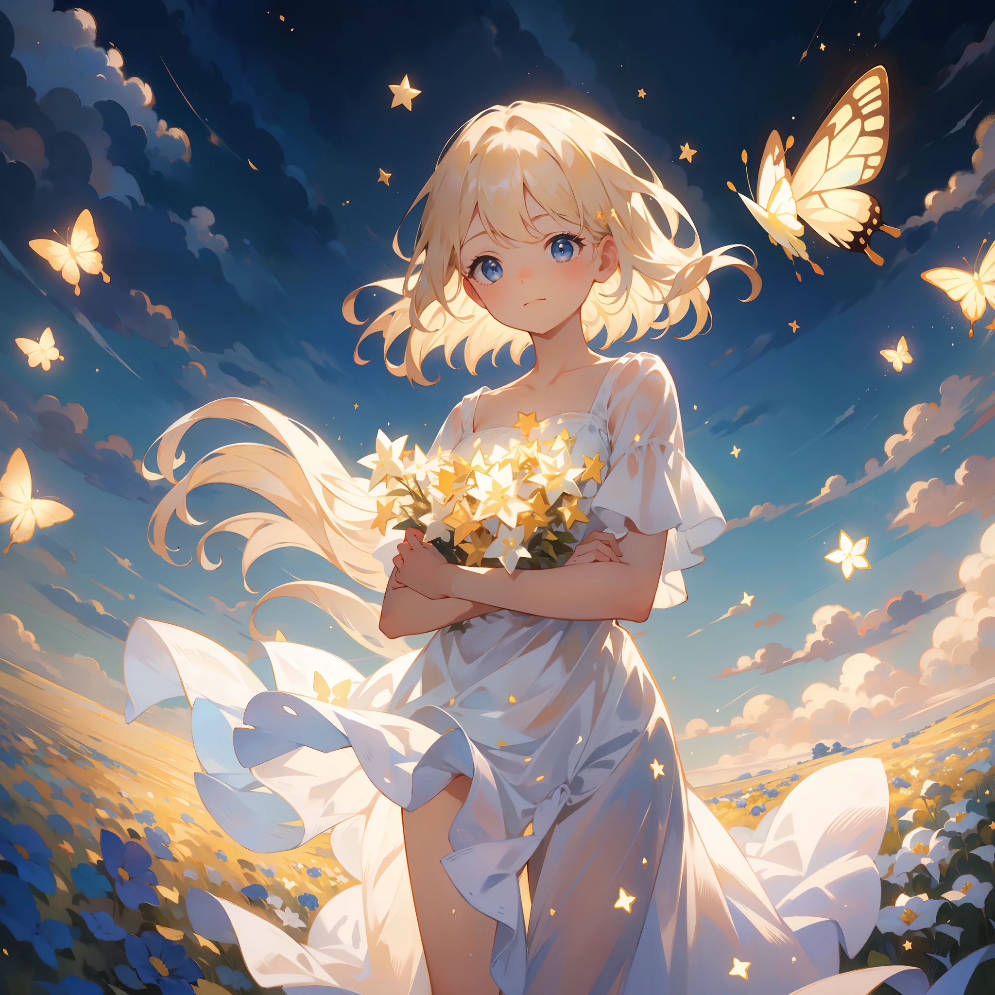 Feature a carefree girl in a windswept field of flowers, spraying fairy dust in the air, surrounded by glowing butterflies. Stars illuminate the sky, and the sun casts a warm glow. Add bokeh for a dreamy touch. distant view, starlight, butterflies, masterpiece, best quality,HDR.UHD.4K,8K,64K,Highly detailed,ultra-finepainting,extreme detail description,Professional, volumetric light, platinum blonde hair, bob cut, butterfly, best quality, illustration, beautiful detailed eyes, blue eyes, pose, white costume, starry sky, standing, from below, sun glare, sun visible at night