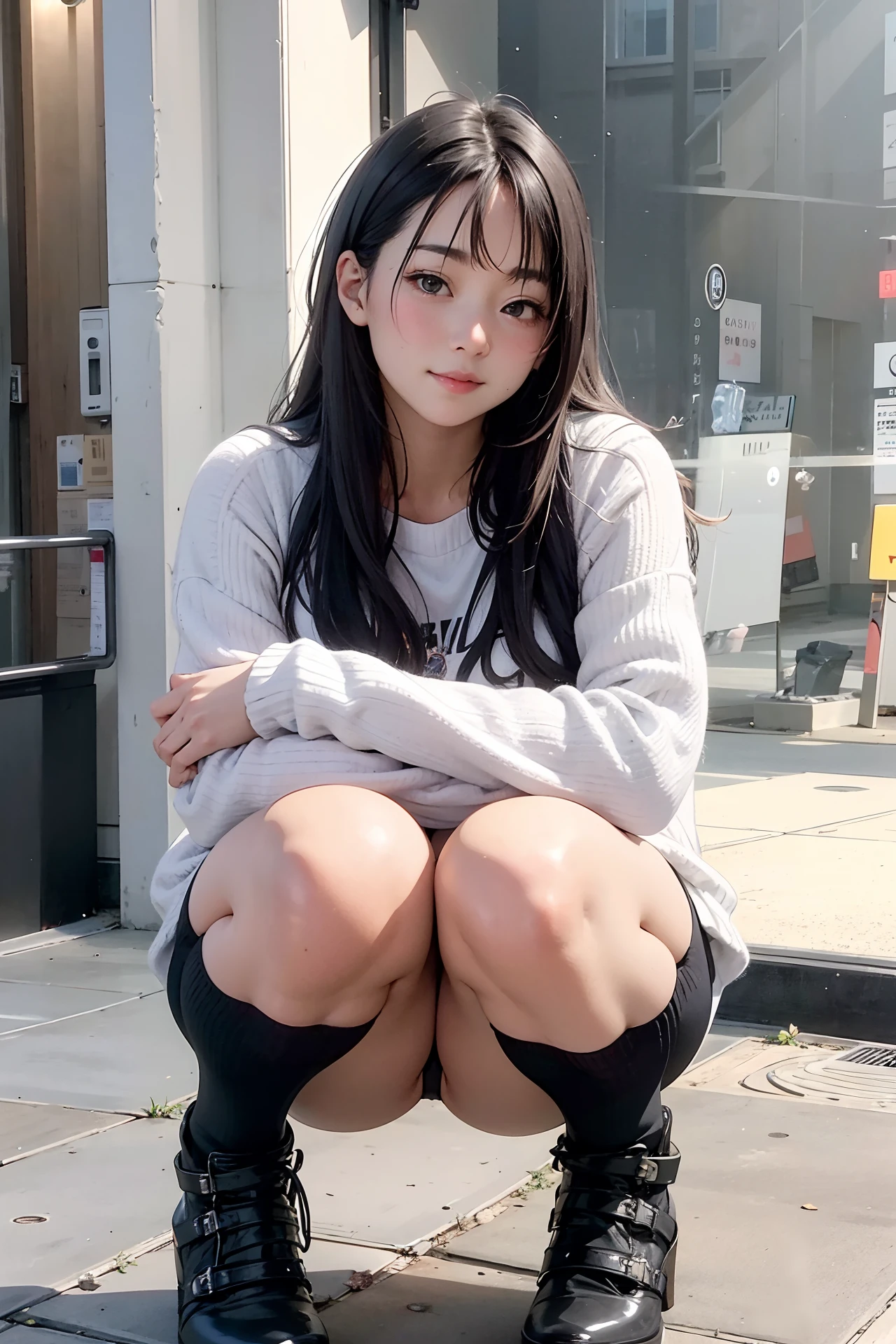 Asian woman in alafe sitting on the ground with legs crossed, pretty face with arms and legs, Korean Girl, chiho, young and cute girl, the anime girl is crouching, Round thighs, Casual pose, Young Pretty Gravure Idol, 19-year-old girl, Sitting on the ground, Engaging pose, Young Gravure Idol, a cute young girl、white color panties、pantie shot,A slight smil、high-heels、ahe face