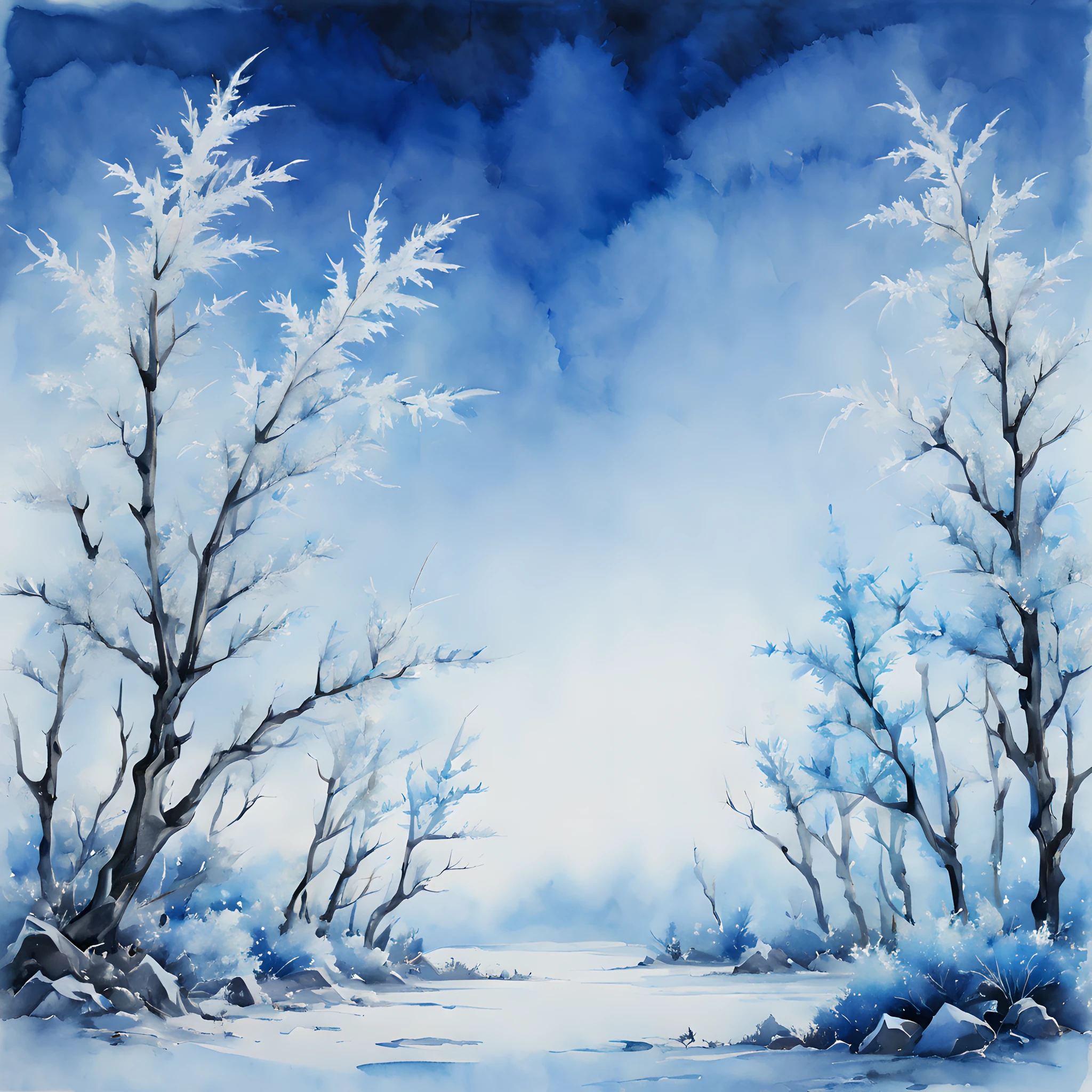 (white rime ice and blue sky morning theme:1.5), (ink and watercolor painting:1.5), (Landscape painting:1.5), (Tasteful:1.5), (ink and watercolor painting:1.5), (Chinese style:1.5), (rime ice:1.5), (rime ice:1.5), (ice crystals:1.5), (rime ice covered the trees:1.5), (frozen trees:1.5),