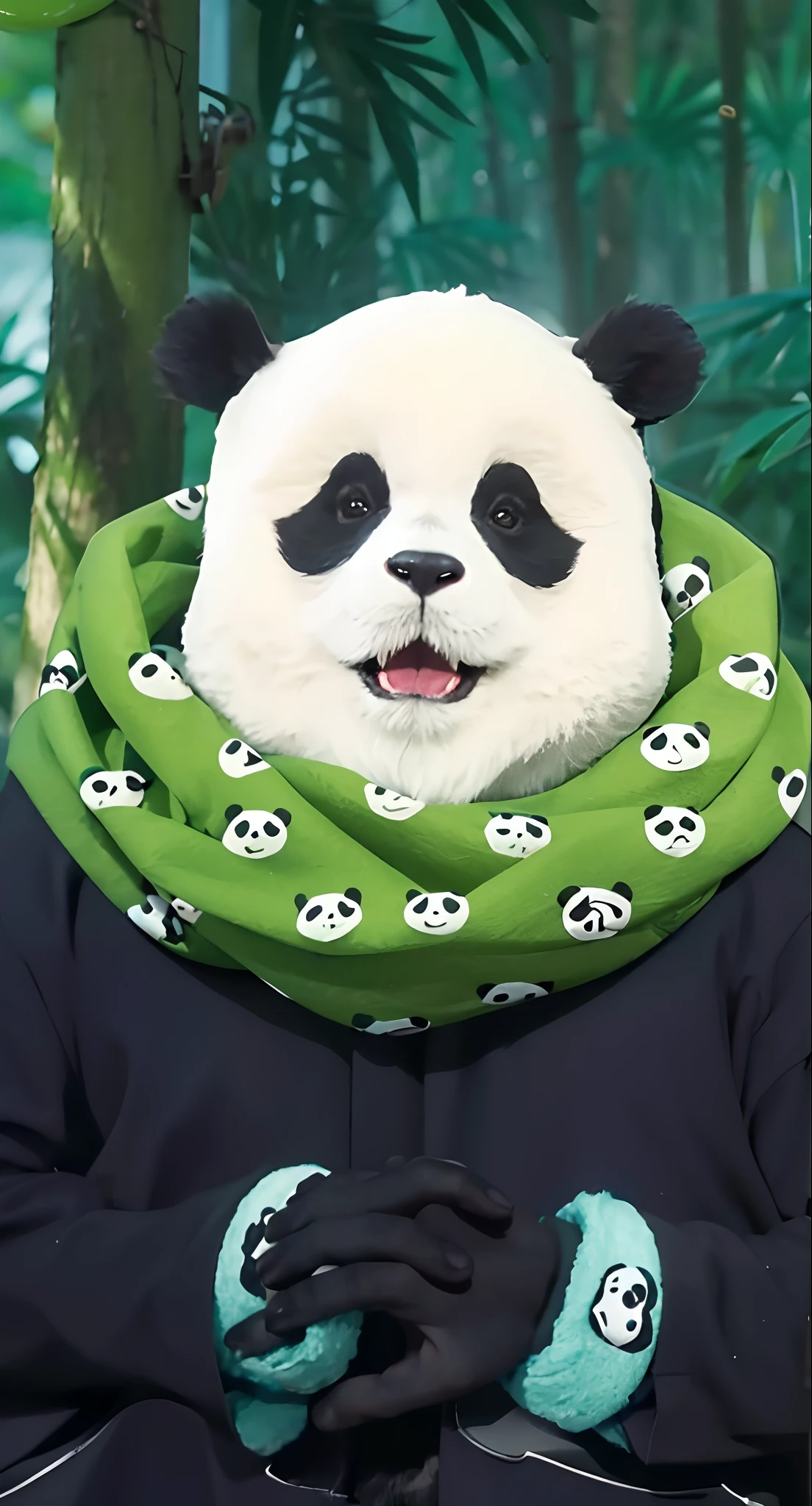 Real life adaption of this character, realistic adult cute panda,looking to viewer,realistic same fur,realistic jungle with many grass background, hyper realistic, realistic light, realistic shadow, realism,(photorealistic:1.2), (realistic same green scarf with a cute panda pattern design printed on it), Realistic balloon bracelet with panda design printed on it,His body is hairy like panda