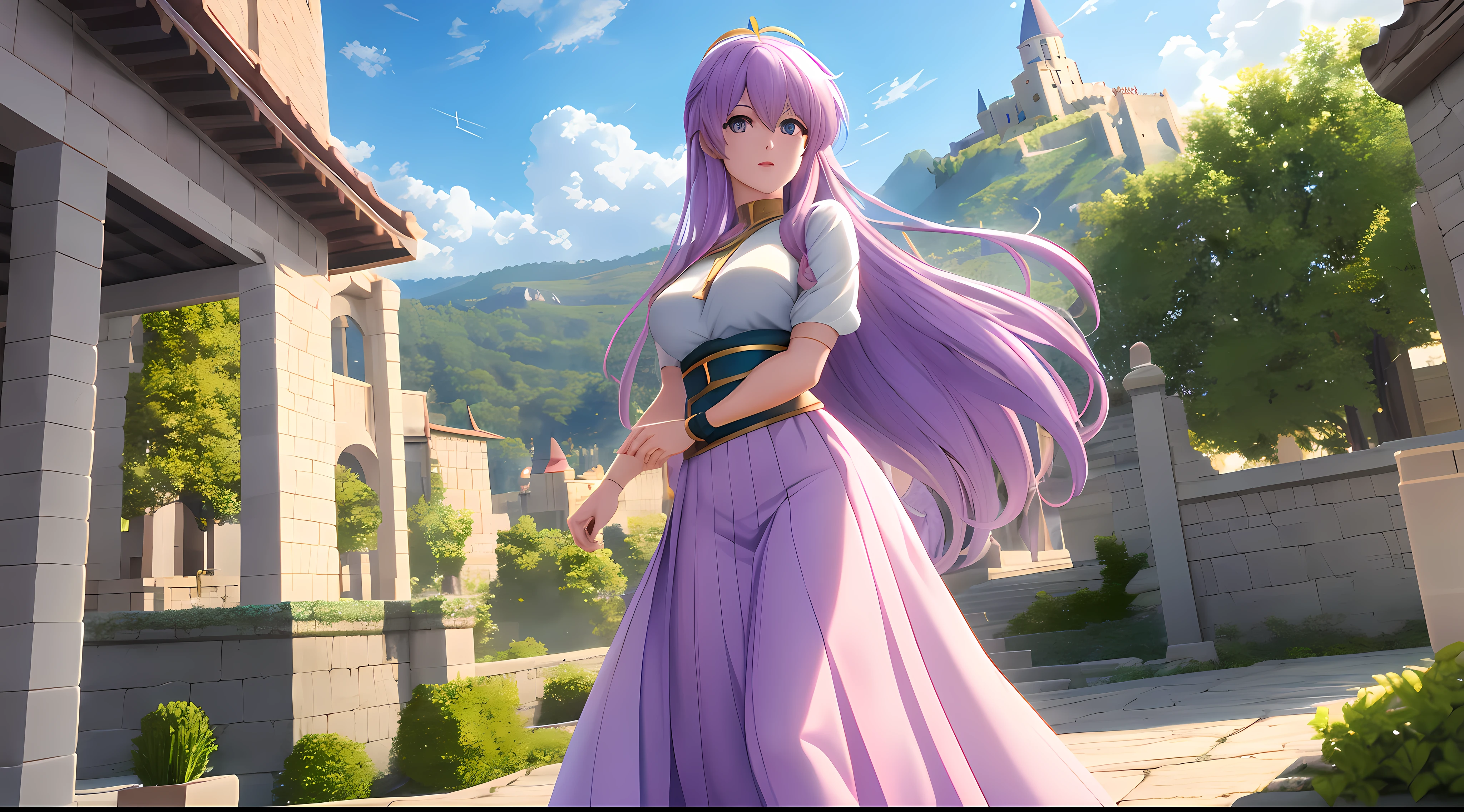 Athena with plain long light purple hair,hair between eyes,green eyes,rosy cheeks,full lips,thin eyebrows,slender body,wearing dragon ball super t-shirt and full long skirt,cute anime girl,full body,castle rooftop in background,anime style,Lumen Reflections,Screen Space Reflections,Diffraction Grading,Chromatic Aberration,GB Displacement,Scan Lines,Ray Traced,Anti-Aliasing,FXAA,TXAA,RTX,SSAO,Shaders,OpenGL-Shaders, GLSL-Shaders,Post Processing,Post-Production,cell Shading,Tone Mapping,CGI,VFX,SFX,insanely detailed and intricate, 4K,standing, solo, masterpiece, best quality, detailed face, detailed eyes, highres, standing, solo,masterpiece, best quality