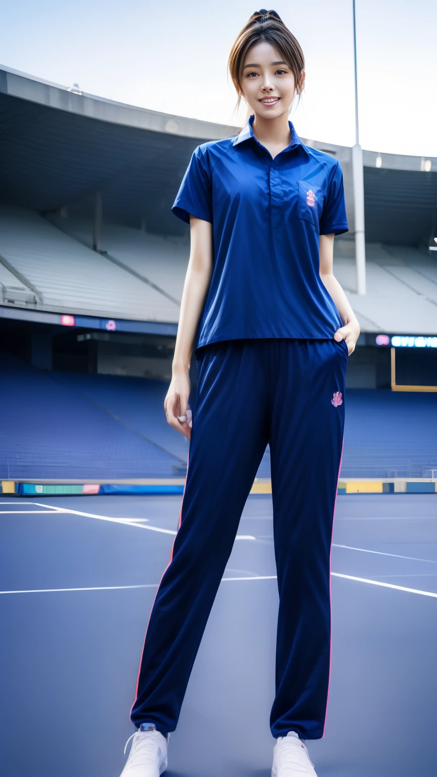 (bestquality,10,10,highres,masterpiece:1.2),ultra-detail,(Realistic,photorealistic portrait,photo-realistic:1.37),1 Cute girl in the football field,oily shiny skin,bara,light smile,BDclothes,((blue shirt:1.3)),short sleeves,shirt, trousers.,(navy_long_Pants Track:1.1), ((Stadium Background:1.3)),dynamic angle,excited,face focus,Dynamic Poses,from behide,Ass Focus,masterpiece, bestquality, ultra realistic, hyper-detail, 8k resolution, RAW photo, crisp focus, ((Navy blue shirt:1.1)), short sleeves, Long Path, Perfect body, 2 mature women, 18yo, cinematic light,Blue sweatpants,Gymware,Correct anatomy,Complete body, Correct body, sharp face, Anatomically correct body, full entire body, Realistic gestures, long-haired, Realistic poses,Wear long shorts..............,Long leg span,Shapely,Sculpting Girl, Slender Figure, mannequin mannequins, Shapely, Beautiful body,Blue sweatpants