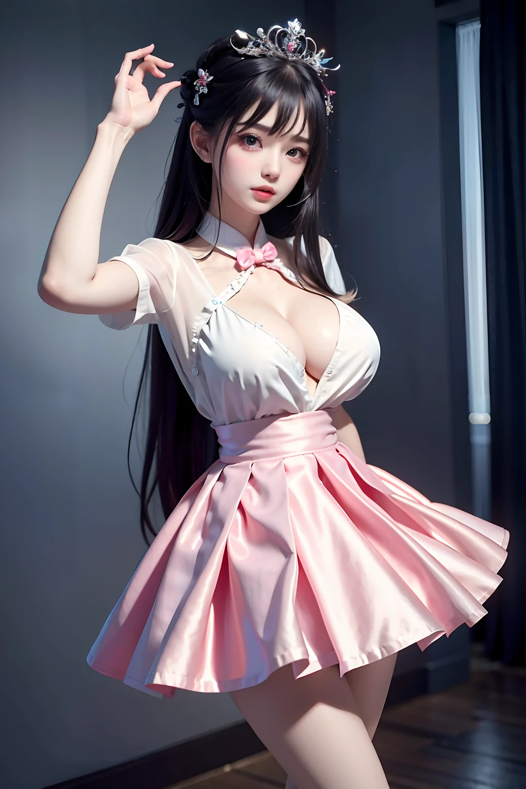a princess 8 yeald old cute, Wet-breasted uniform high school , All pictures, Wet body of thin silk fabric, Thin silk lace petticoat,she being marturbate, (huge boobs,cleavage),petticoat, white pink, blue ,best qualtiy,tmasterpiece,超高分辨率,(真实感:1.4),RAW photogr,(True skin texture:1.3),(filmgrain:1.3),(Selfie angle),1个Giant Breast Girl,Beautiful eye and face details,tmasterpiece,Best quality at best,exposing thighs,Bigchest and ,The chest is more exposed,long detailed hair,above looking down facing at camera,short dressPrincess Eyes,Super big eyes,Detailed face,shiny pupils, randome color, dress short, , thin silk fabric wet body, thin silk shirt lace petticoat,high heels