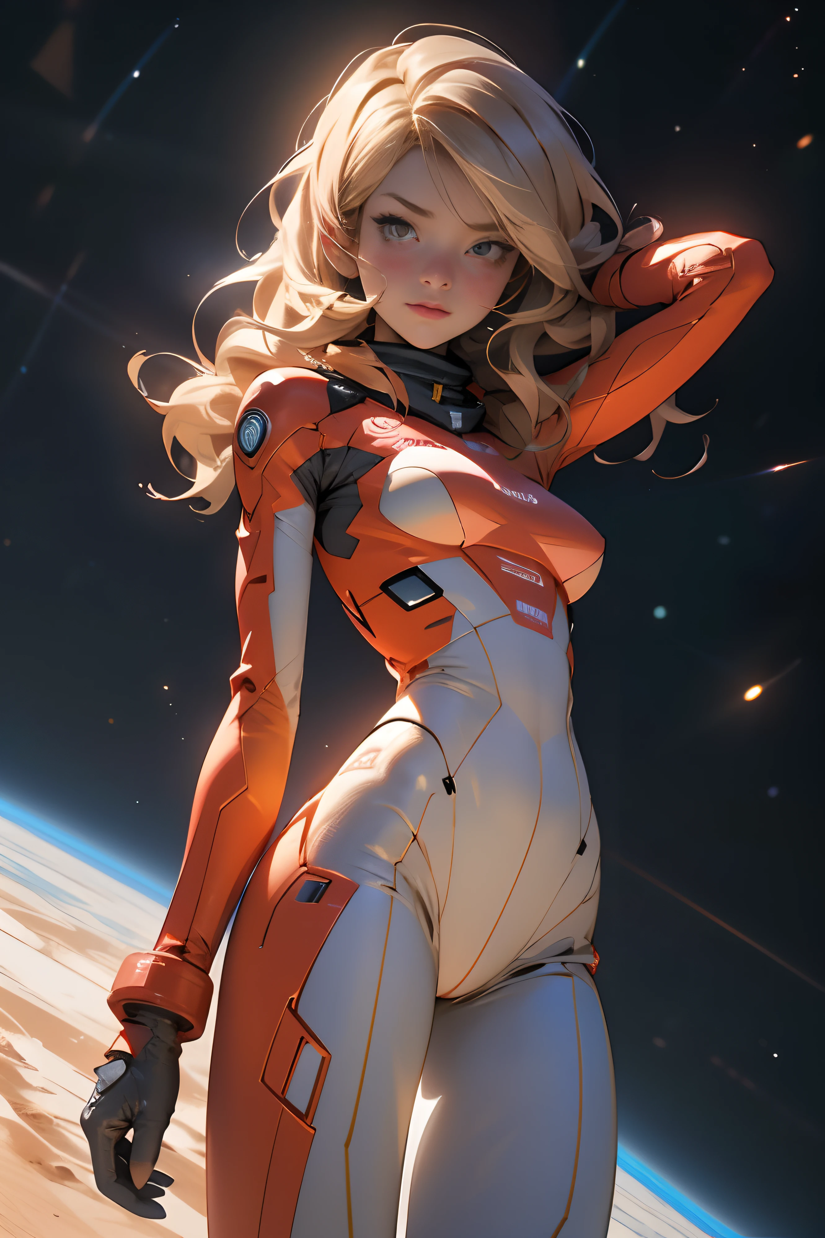 sandy hair fit body large breasts slender thighs slender waist pilot suit solo looking at viewer in space long hair blushing determination, 8k, extreme detail,