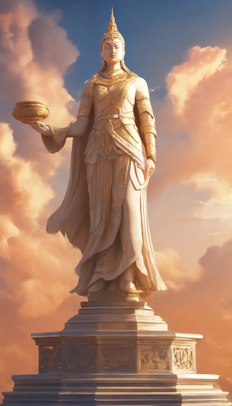 Giant statue standing on an octagonal pedestal with two floors, with lotus-shaped architectural details, Realistic depiction of Bodhisattva, Outstanding against the clear blue sky, surreal, Super detailed, Photorealistic:1.37, Rendering 3D, Cinematic Lighting, Divine Lighting, Ultra High Definition, Masterpiece:1.2, Textured Skin, Best Quality, High Resolution