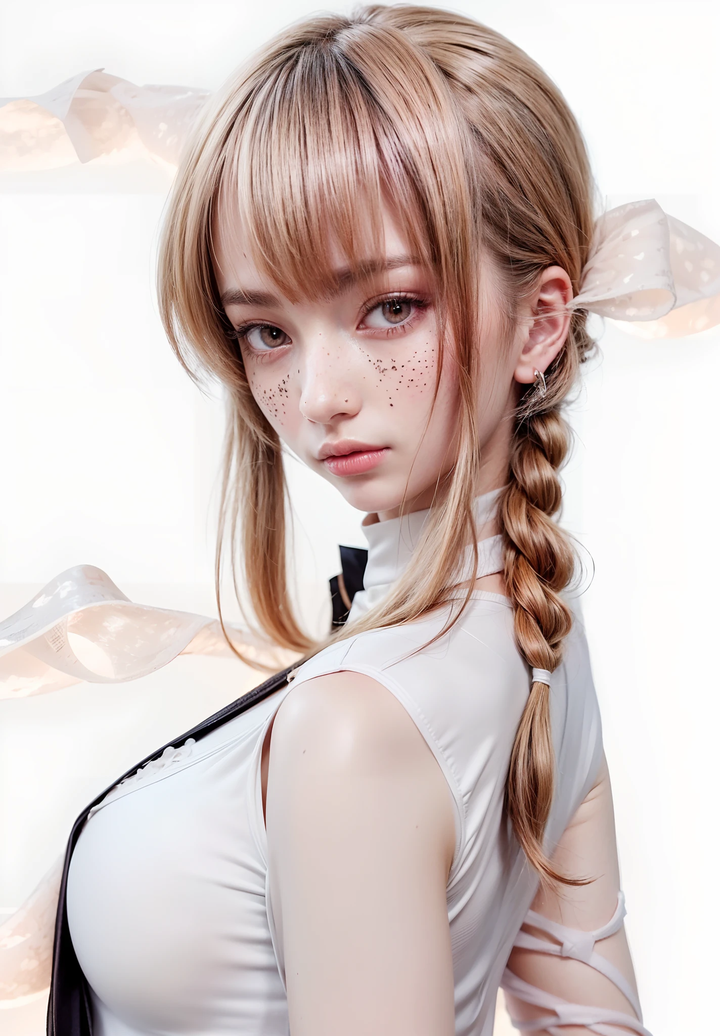 A girl with long hair and a ponytail ,braids, in a white shirt, yellow eyes, red hair, (skin blemish:1.2), (skindentation), freckles, moles, wrinkles, or blemishes, pores, skin texture, and fine lines, 8k portrait, detailed intricate fabric texture, (charcoal black theme:1.3), spiral patterns, body freckles, bright, high quality image, masterpiece, detailed hair texture, detailed skin texture, detailed cloth texture, 8k, add fabric details, ultra detailed skin texture, ultra detailed photo, skin pores, cloth details, high skin details, realistic hair details, (8K, RAW photo, best quality, masterpiece:1.2), (realistic, photo-realistic:1.4), ultra-detailed (grainy:0.2)