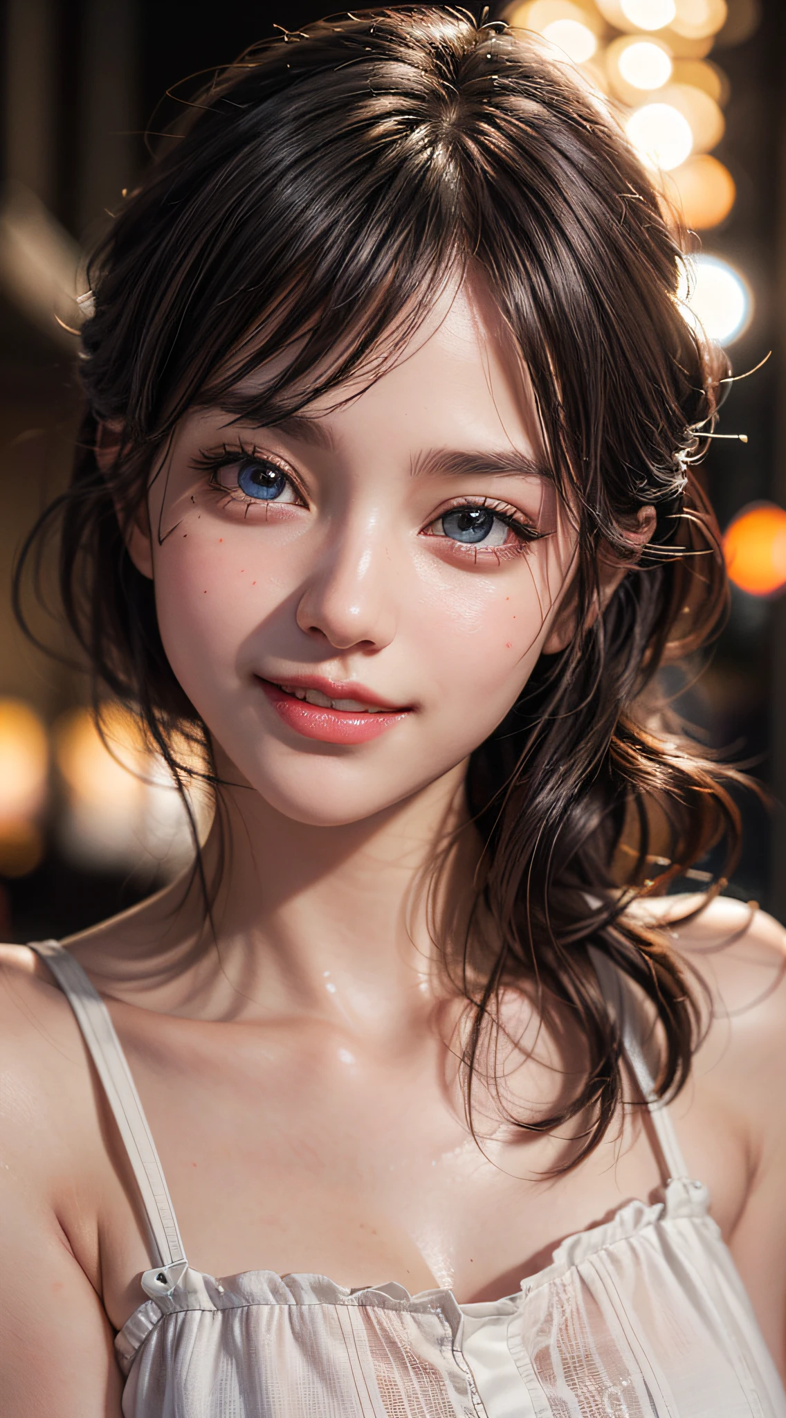 (UHD, retina, masterpiece, accurate, anatomically correct, textured skin, super detail, high details, high quality, best quality, high res, 1080P, HD, 4K, 8k, 16k), (beautiful detailed eyes, beautiful detailed lips, extremely detailed eyes and face), soft lighting, physically-based rendering, vivid colors, (large breasts:1.5), (portrait, shiny hair, shiny skin), eye reflection, (bokeh, moonlight:1.5), (smile and laugh, bangs:1.5), semi-profile view,