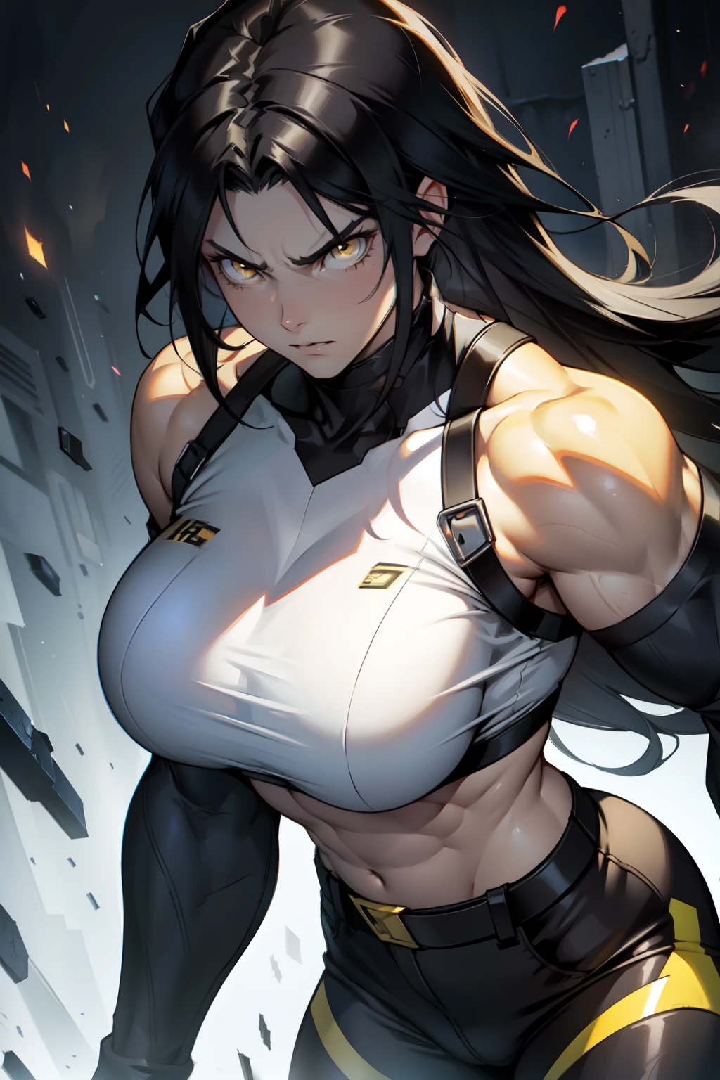 1 girl huge breasts black hair yellow eyes pale skin very long hair angry (((muscular)))