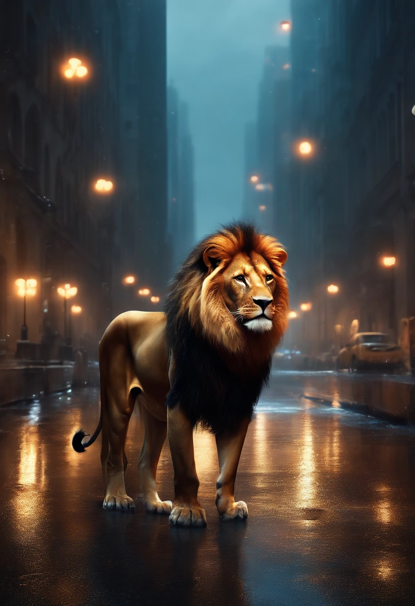 (Professional 3D rendering:1.3) de (Realistic:1.3) World's Most Beautiful Cinematic Lighting Film, Mysterious injured lion, with cyberpunk-style tech implants, durante a noite, na chuva torrencial, in the center of a metropolis, Wet surface textures with water droplets. Estilos de design avante garde inspirados em quadrados e curvas amarelas e pretas(intrincado:1.4), decadente, (altamente detalhado:1.4), pintura digital, rendering by octane, art stations, Conceito-Arte, liso, foco nítido, illustration, germe da arte, (Loish:0.23), Wlop Ilya Kuvshinov, e Greg rutkowski e Alphonse Mucha Gracias, (global ilumination, studiolight, Light Volumetric), chuva forte, floating particles, patife, fantasia, Onze, corpo inteiro, ((Fundo escuro e antigo da cidade:1.3)),CGSesociedade,