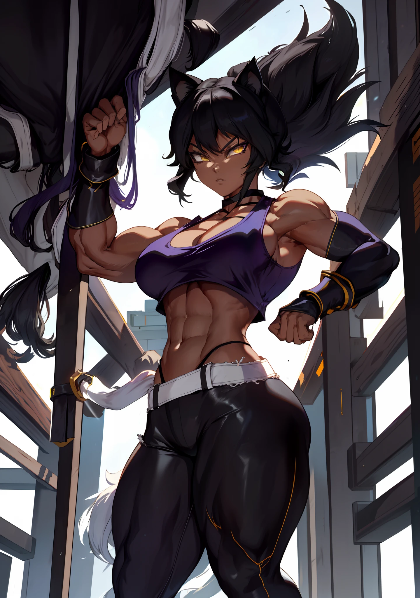 muscular ebony skinned blake belladonna in a martial artist combat pose, charging up her ki, with long black hair and cat ears, having a saiyan monkey tail, wearing an open white jacket with a black tanktop underneath, wearing a pair of ripped white shorts with black leggings, this black Blake is by herself.