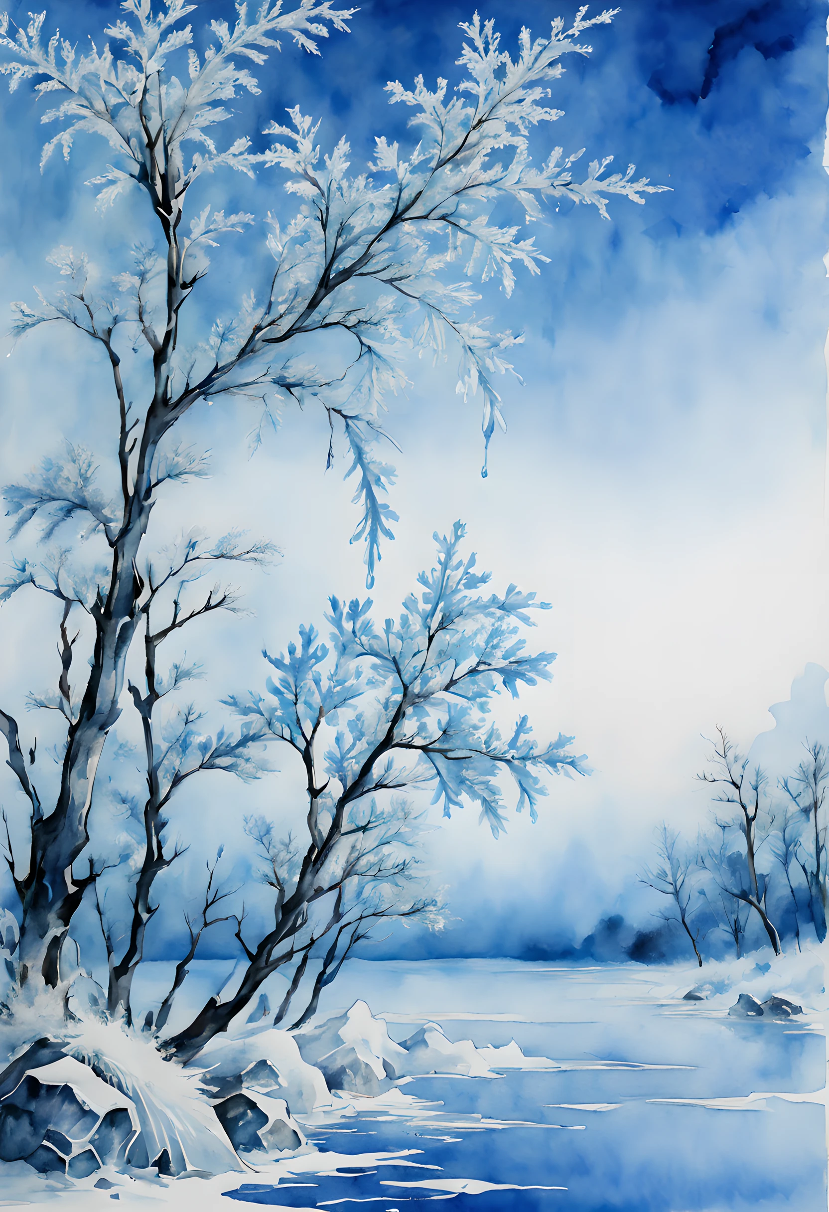 (white rime ice and blue sky morning theme:1.5), (ink and watercolor painting:1.5), (Landscape painting:1.5), (Tasteful:1.5), (ink and watercolor painting:1.5), (Chinese style:1.5), (rime ice:1.5), (rime ice:1.5), (ice crystals:1.5), (rime ice covered the trees:1.5), (frozen trees:1.5),