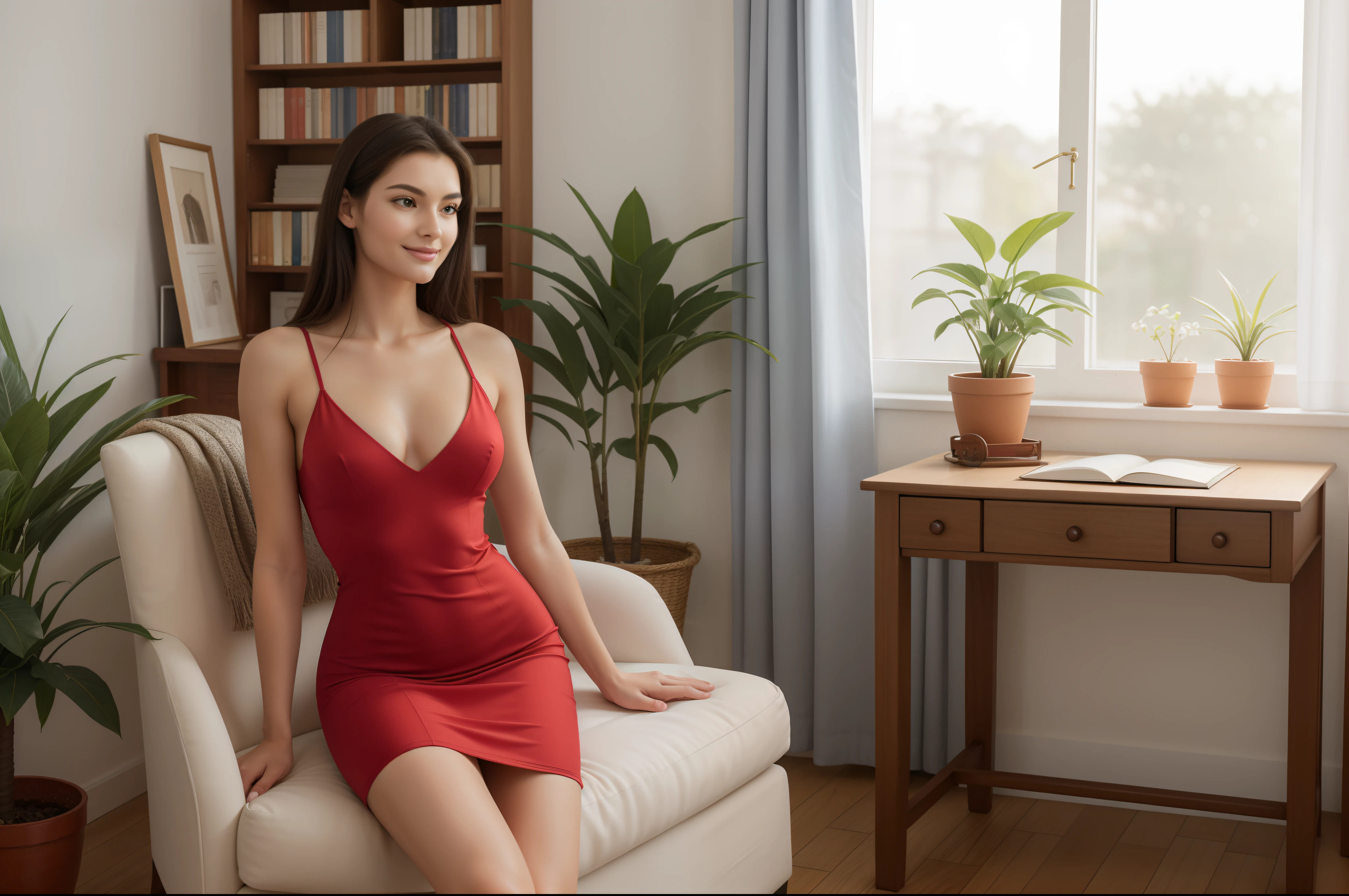 ((full-body, cinematic-shot)),(best quality,4k,8k,highres,masterpiece:1.2),ultra-detailed,(realistic,photorealistic,photo-realistic:1.37),(((1girl))),(18years old),[the face is combination of (((irene1:1.2))) and (((Excella_er5:1.2)))],(sharp focus:1.5),beautiful detailed brown eyes,pearl skin,(skin pores:1.1),extremely detailed face and skin texture,(skin texture:1.1),black hair,tall and slender body,(192cm tall),thin and delicate figure,graceful posture,strong and defined muscles,flawless skin,defined abs,perfect curves,feminine appearance,beautiful long legs,embodying elegance and beauty,happy expression,full-smile,cleavage breasts,((wearing a red color minidress:1.3)),(no panty),(ultra-short minidress),vibrant colors,extremely detailed and realistic (red) clothes,(colorful),(film grain:1.3),studying in her room,candlelit,oak desk,dusty books open,notebook filled with meticulous notes,pen scribbles,wooden bookshelf filled with ancient tomes,soft sunlight filtering through the window,bare feet tapping on the wooden floor,vintage globe in the corner,colorful post-it notes on the walls,inspirational quotes,comfortable armchair in the corner,soft throw blanket,potted plants adding a touch of greenery,vibrant artwork on the walls,muted color palette,warm and cozy atmosphere,light streaming in from the partially open door,stacks of papers neatly arranged on the desk,pale blue curtains gently swaying in the breeze,fragrant scent of lavender in the air,peaceful and serene ambiance,homely and inviting vibe,meticulously organized study space,quiet focus and deep concentration,classic portrait style.