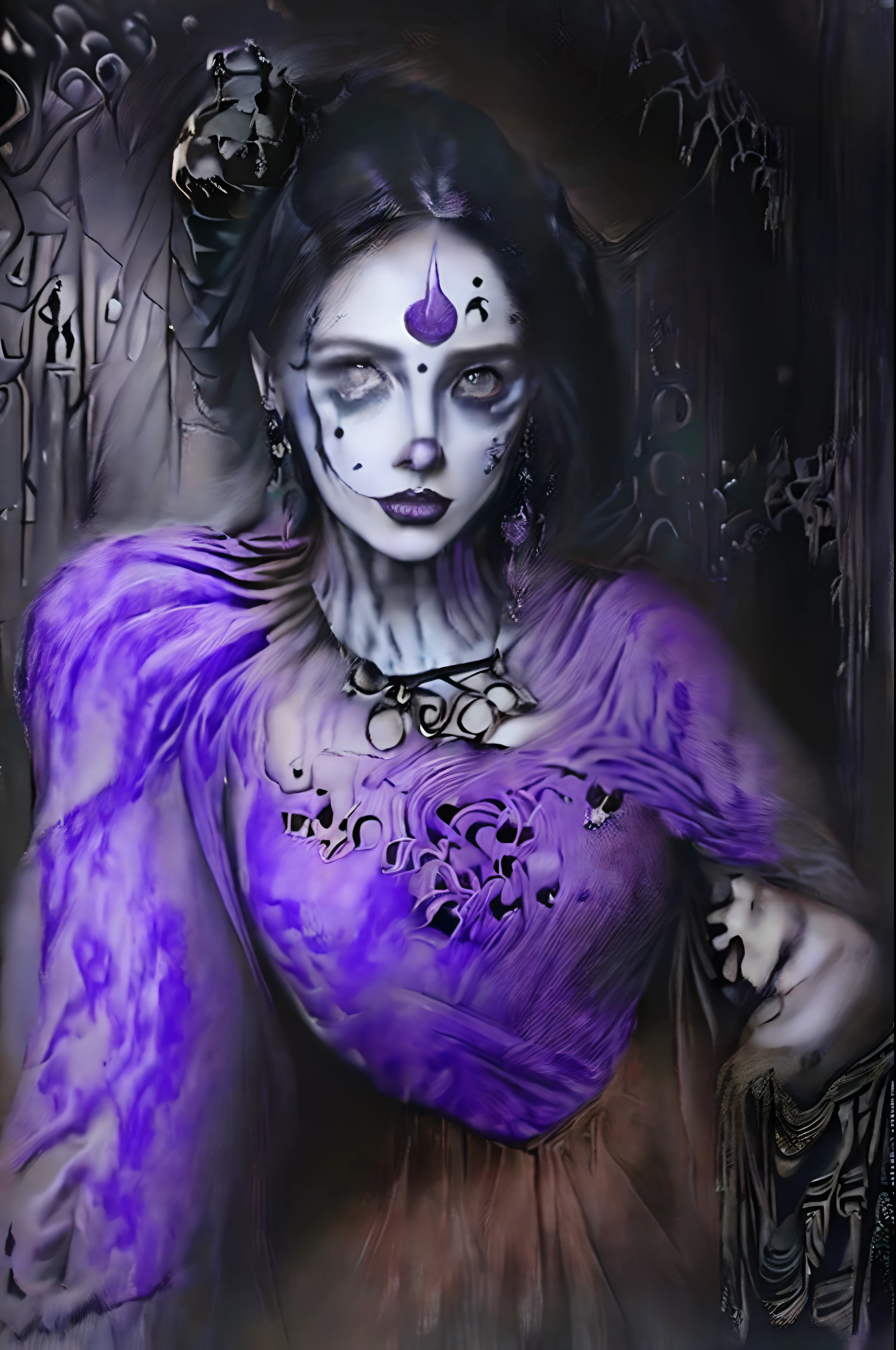 (Close-up of a Celtic witch standing at a bat castle on Halloween), (Clear and perfect facial features,) Medieval European purple dress, Belted top, Cloak, mitts, Smooth or textured fabrics, Silk, Velvet or leather, Dark skin, skeleton face，Smoky makeup, （Bloody mouths and large skulls）, Ugly costumes，Gothic or medieval style necklaces, bracelets and earrings, 
Background: sankta. Debate Castle,themoon，the bats，Bat Castle, 
(The whole is blue-violet light）,concept art of character,Game scene graph,close up photograph,Photography,Clear facial features,A beautiful painting by Alphonse Mucha,Louis Comfort Tiffany,Painted in the traditional French art style,Ukiyo-e art,surrealism,Fever-Dream,Blame the core,author：david bailey,illusory engine,corona rendered,Quixel Megascans Render,v-ray,rendered on octane,archviz/building rendering,ultra-wide-angle,full bodyesbian(WS),Dramatic Lighting - AR 9:16 --V 5.2 --style raw --uplight --tile