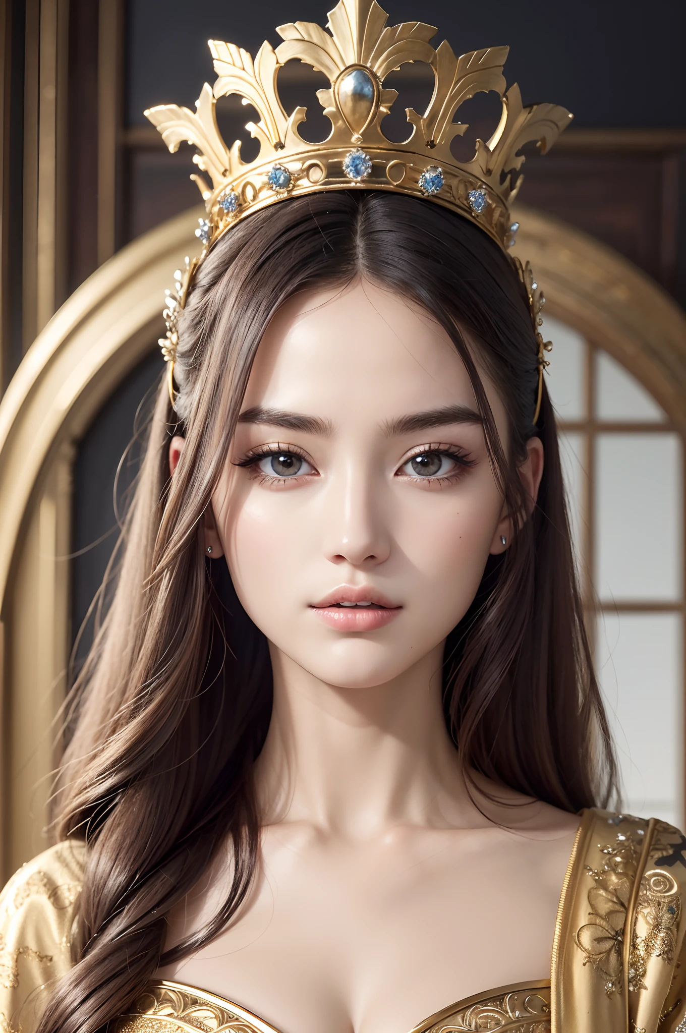 Absurd, Ultra-detailed, High quality, masutepiece, Detailed face, Beautiful eyes(Detailed eyes), Greek mythology, Goddess, hera , Deities々Queen of, Impressive and captivating, The characteristics are classically beautiful, with high cheekbones, A perfectly proportioned face, Eyes depicted as large and seductive, Hold a strong gaze, Golden hair , Goal hair is rich and flowing, Flowing down her back like a wave , Wearing an elegant robe decorated with intricate patterns , Her beauty is not superficial、Embodying the essence of power, Authority, And majesty.
