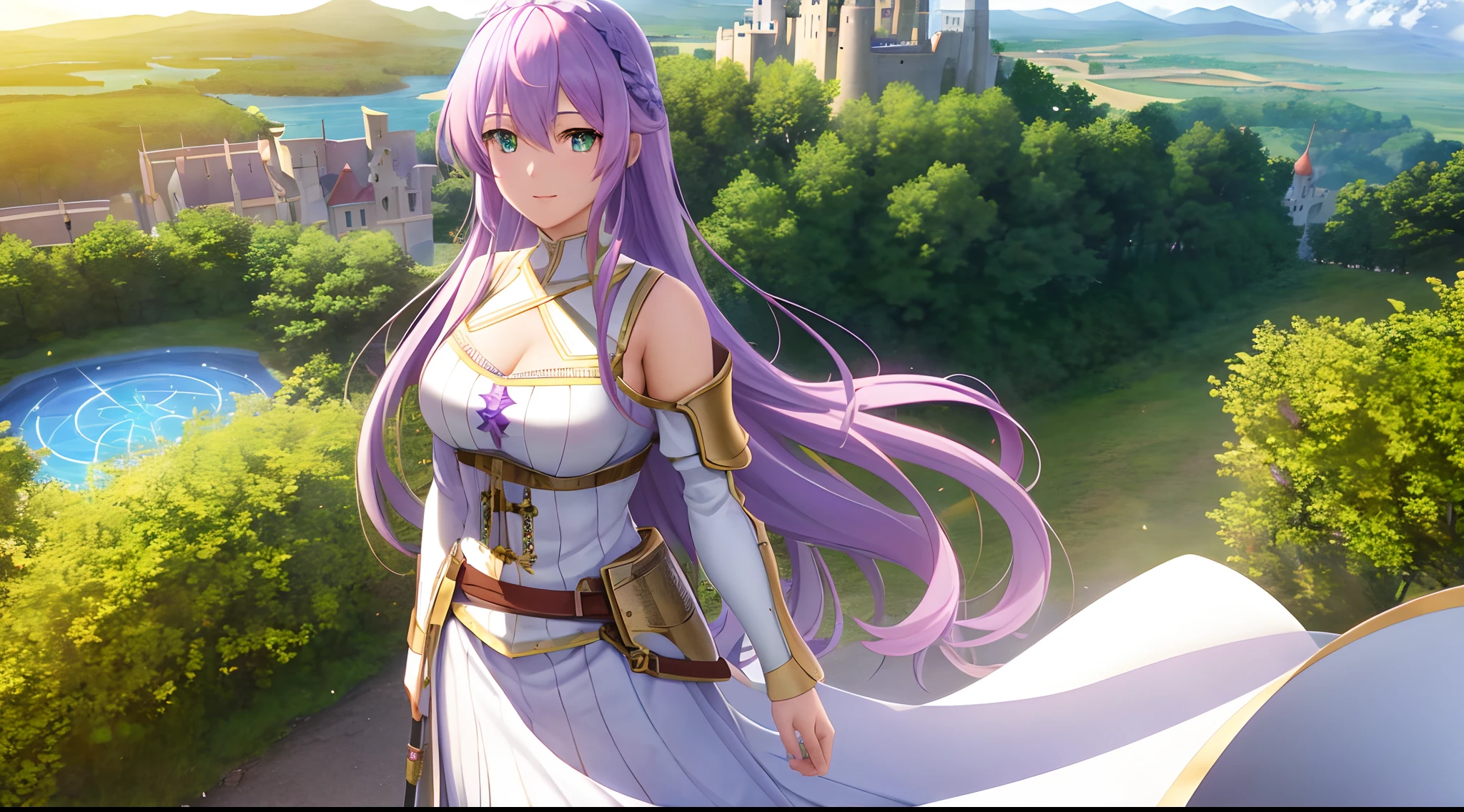 Athena with plain long light purple hair,hair between eyes,green eyes,rosy cheeks,full lips,thin eyebrows,slender body,wearing medieval knight armor and full long skirt,cute anime girl,full body,castle rooftop in background,anime style,Lumen Reflections,Screen Space Reflections,Diffraction Grading,Chromatic Aberration,GB Displacement,Scan Lines,Ray Traced,Anti-Aliasing,FXAA,TXAA,RTX,SSAO,Shaders,OpenGL-Shaders, GLSL-Shaders,Post Processing,Post-Production,cell Shading,Tone Mapping,CGI,VFX,SFX,insanely detailed and intricate, 4K,standing, solo, masterpiece, best quality, detailed face, detailed eyes, highres, standing, solo,masterpiece, best quality