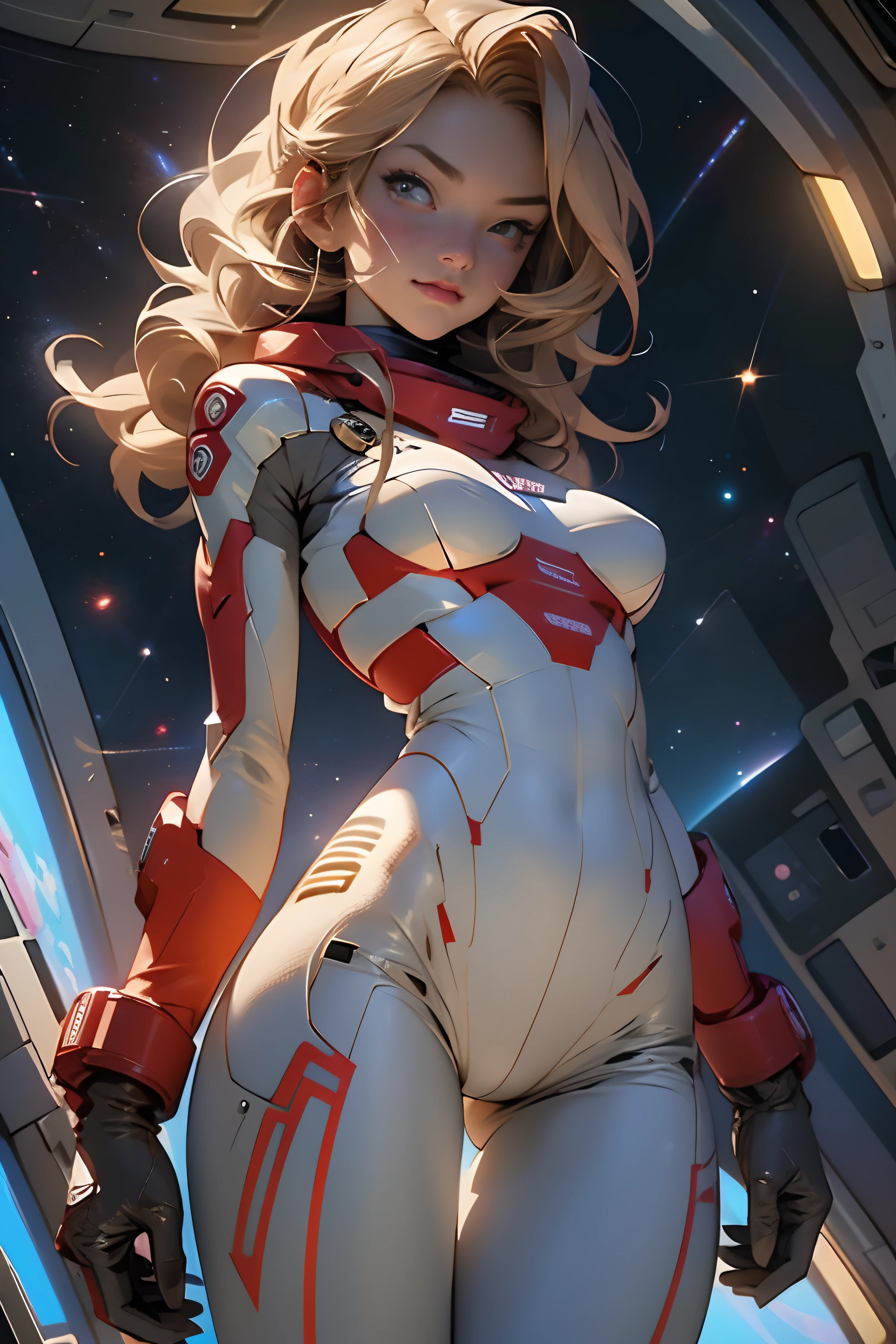 sandy hair fit body large breasts slender thighs slender waist pilot suit solo looking at viewer in space long hair blushing determination, 8k, extreme detail,