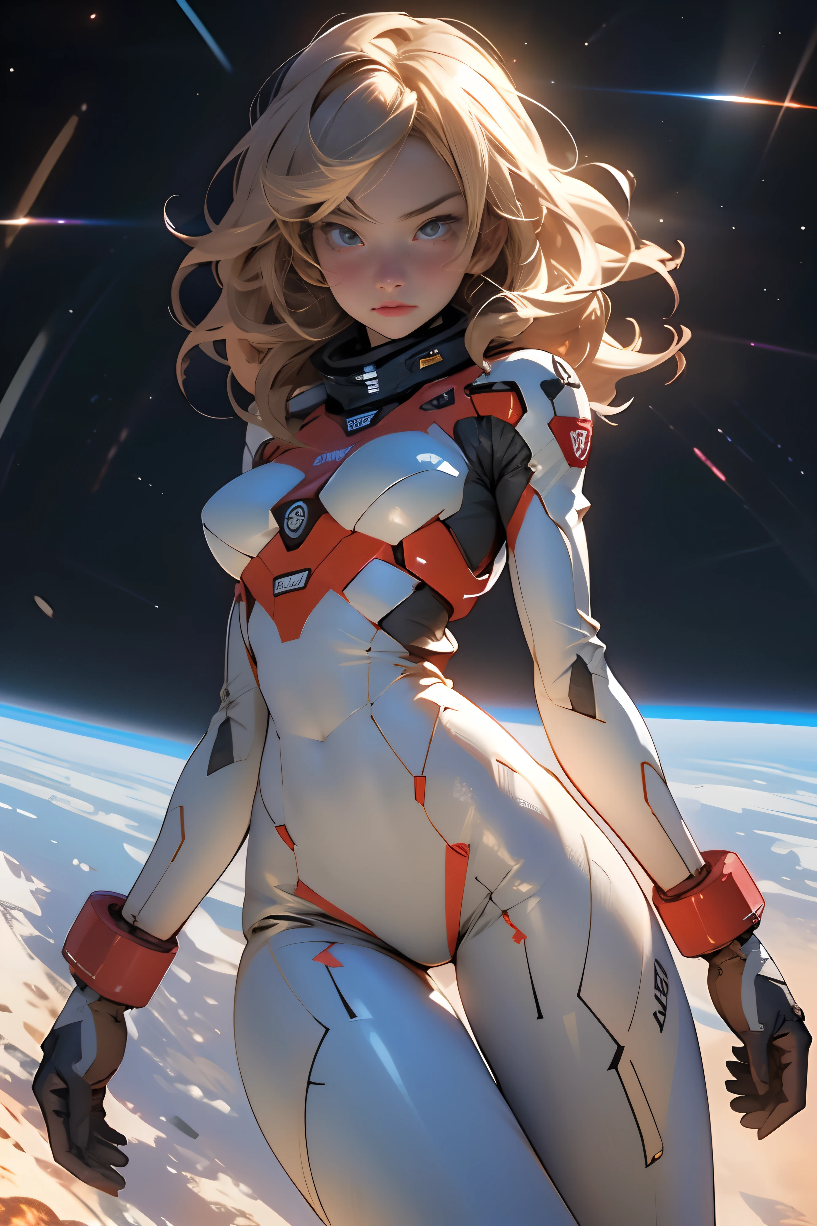 sandy hair fit body large breasts slender thighs slender waist pilot suit solo looking at viewer in space long hair blushing determination, 8k, extreme detail,