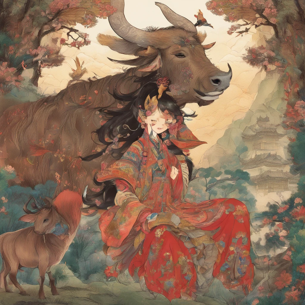 A Zhuang girl guards the village with the god Ox King