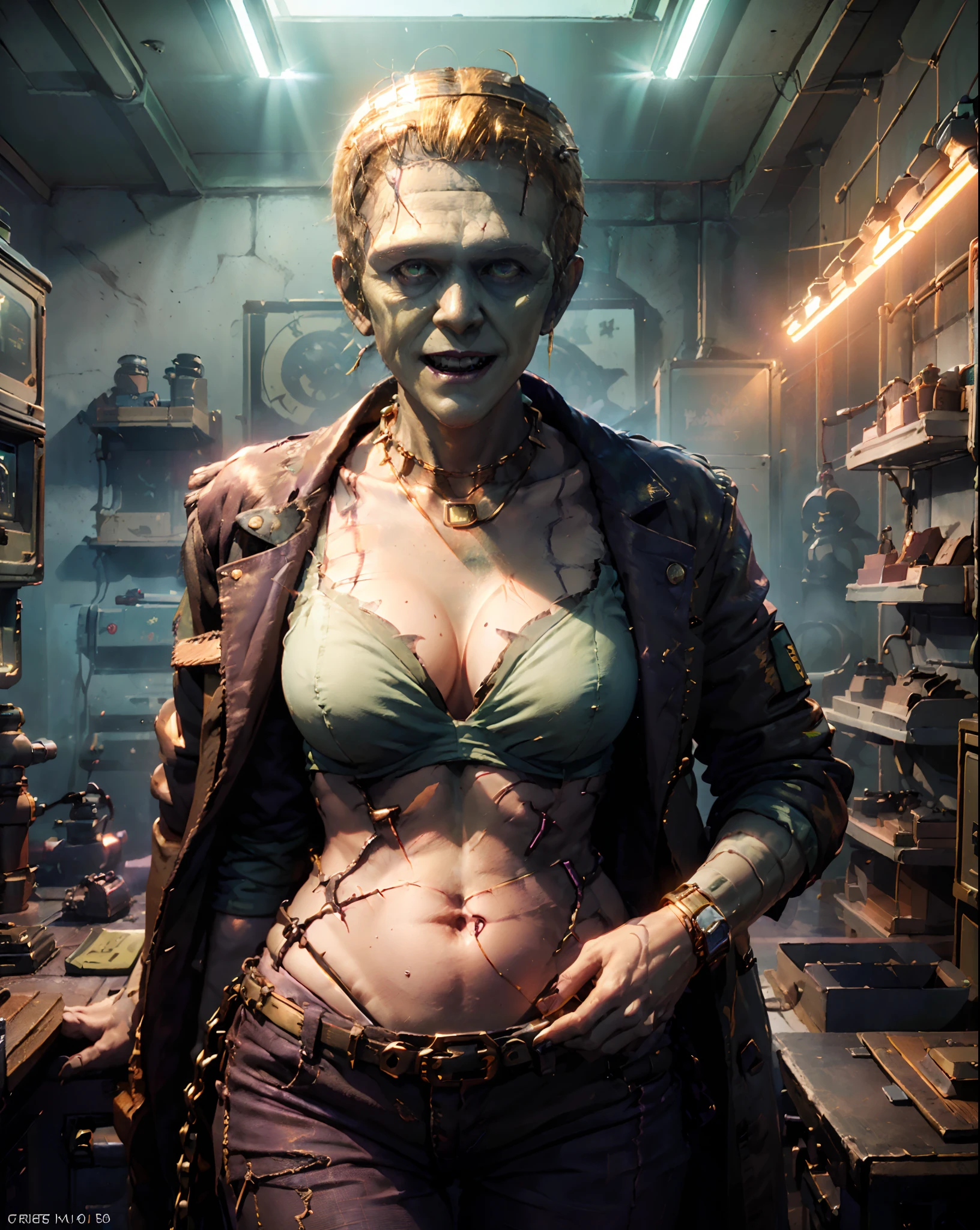 1girl, ((Frankenstein_girl:1.2)), ((stitches_face)), (((green glowing eyes))),((glasses)), ((mohawk hair)), ((blonde)), ((vampire laugh)), (sharp teeth), (gold_watch:1.2), (gold_chain_necklas:1 2), (wearing purple old suit), standing, full body, wide shot, medium breast, cleavage_cutout, (tesla laboratory background),