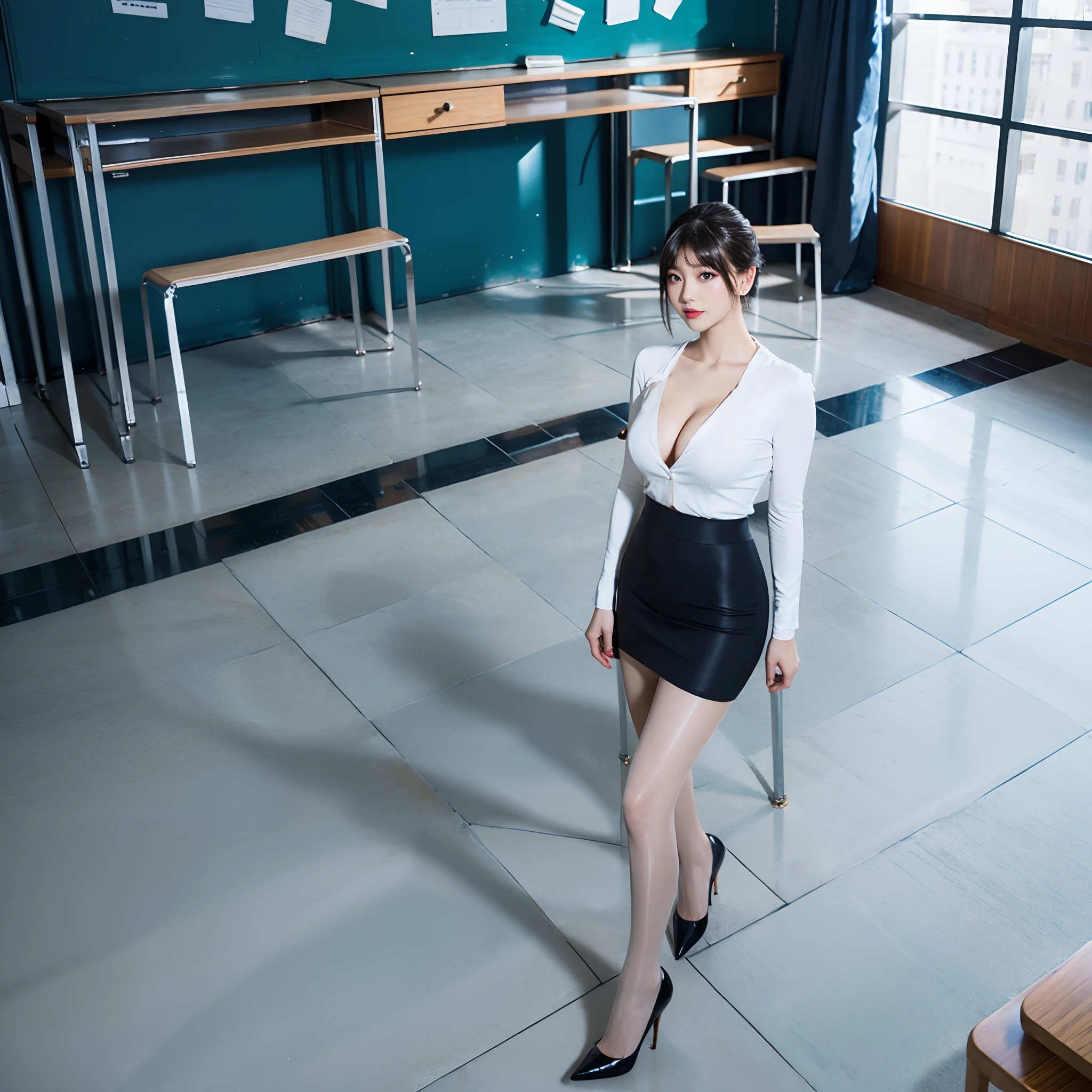 Heavy makeup,8K,Long legs,mature,ear studs,stiletto,are standing,In the classroom,In the daytime,White shirt,Skirt that wraps hips,Flesh-colored pantyhose,Single ball hairstyle,By bangs,cleavage