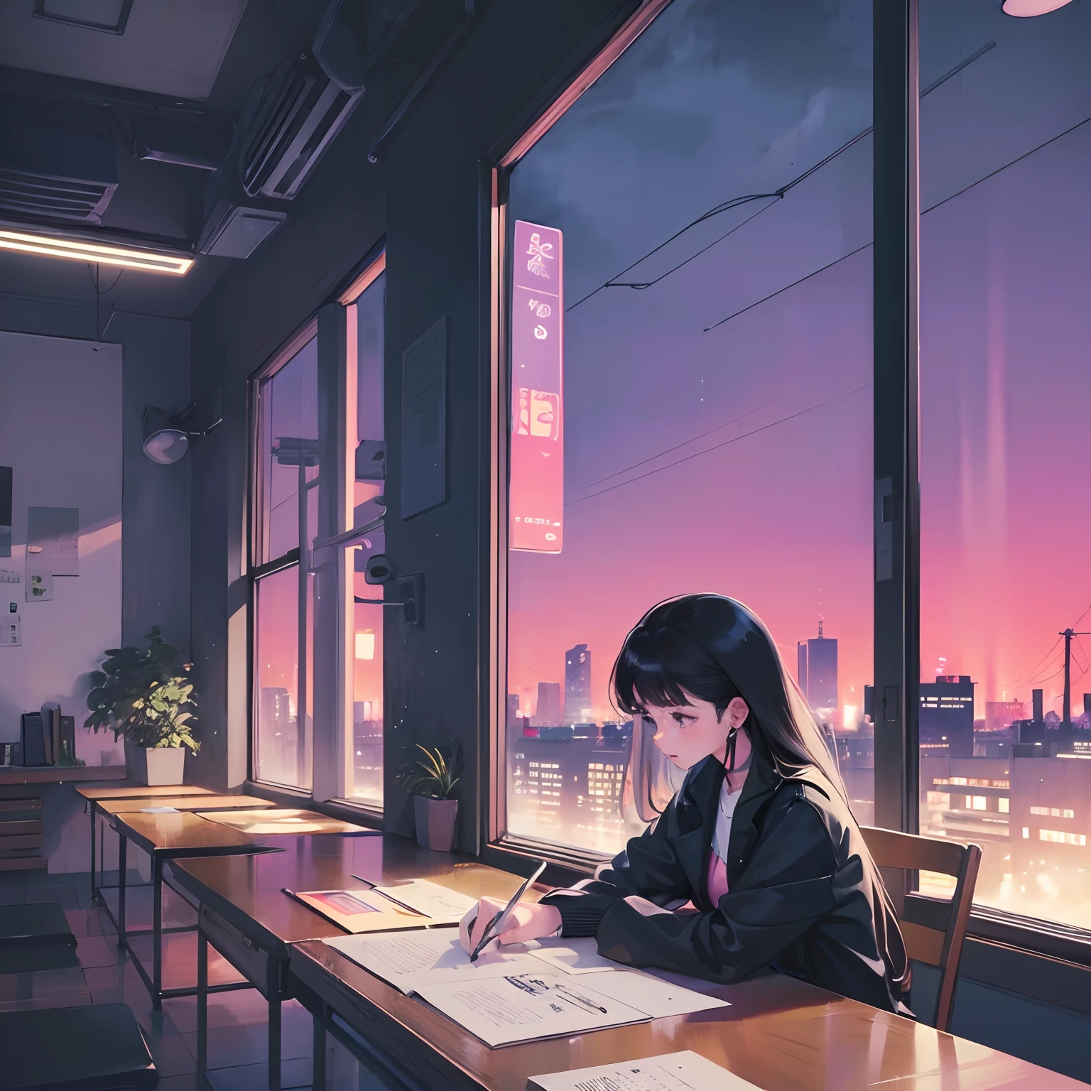(zero), working in office, mature woman, Profile, night lights, Window of office, Analog Color Theme, large full breasts, Lo-Fi(Lo-Fi), flat, 2.5D ,Draw a line, Ink Drawing, Large gradients, Watercolor painting, Goosch Colors, Studio Ghibli Style, Awesome colorful, Outerwear, Synthwave, lofi art,90s style,Old texture, amplitude,90s vibe, masutepiece, Huge technology, Blackhead, Scenery of Korea, a beautiful woman, long hair, Office Landscape, Sitting in a chair and working, View Notebooks, night scene, Dark Night, clothed, Rainy Night, OfficeLook, Detail