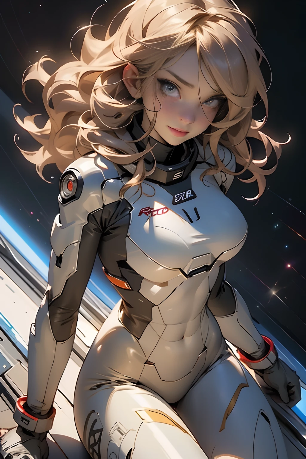 sandy hair fit body large breasts slender thighs slender waist pilot suit solo looking at viewer in space long hair blushing slight smile, 8k, extreme detail, sharp focus on face