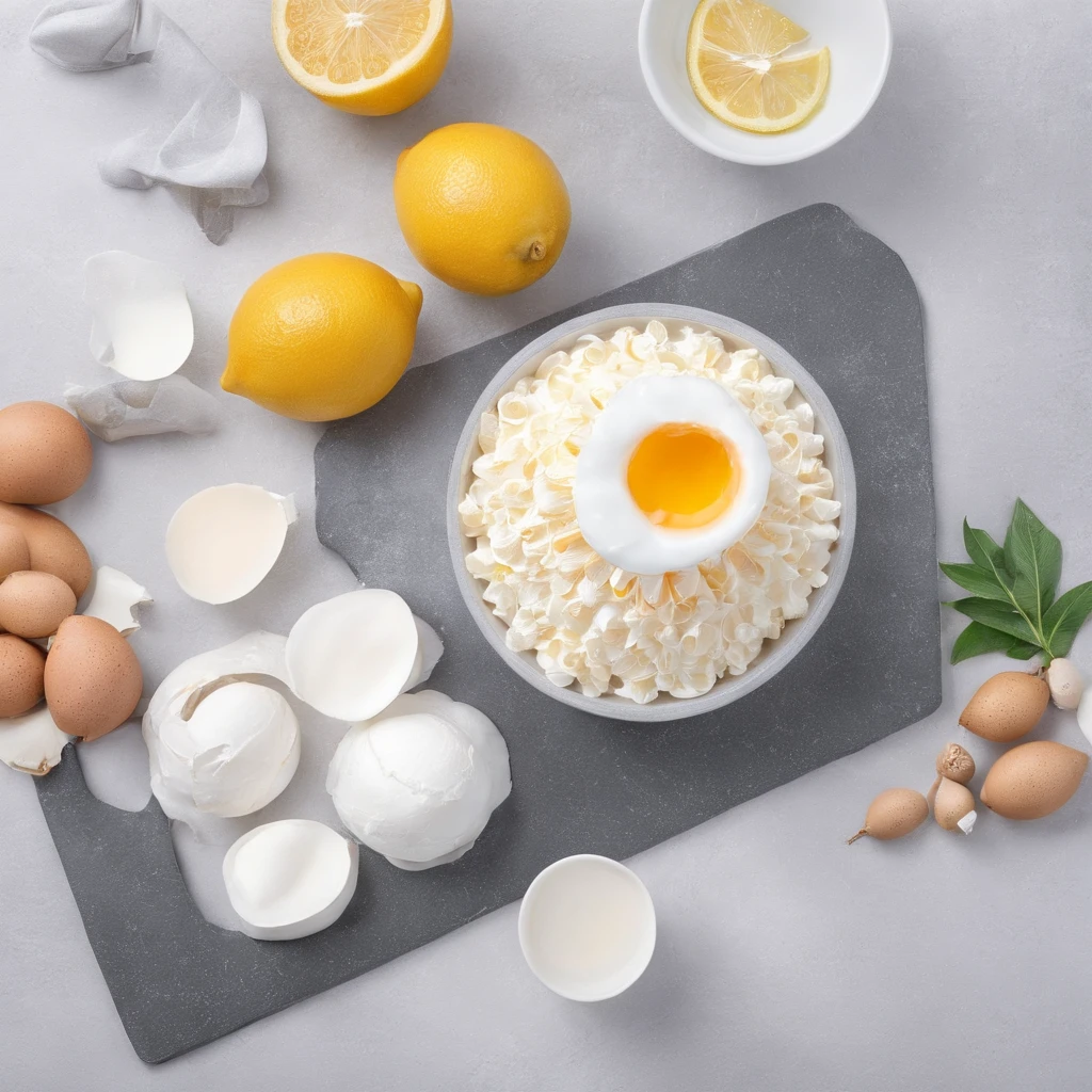 Close-up of the kitchen countertop,cutting board,Blander,Egg shells,Glass bowl with egg whites,whipped cream,lemons,Official product photo, smooth clean surfaces, an award winning masterpiece, professional food photography, highly detailed composition, food photography,Ultra photo realsisim,