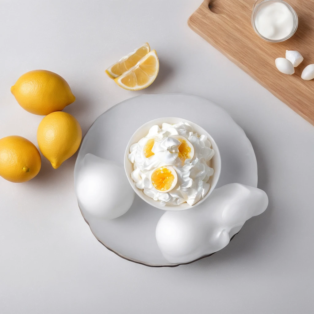 Close-up of the kitchen countertop,cutting board,Blander,Egg shells,Glass bowl with egg whites,whipped cream,lemons,Official product photo, smooth clean surfaces, an award winning masterpiece, professional food photography, highly detailed composition, food photography,Ultra photo realsisim,