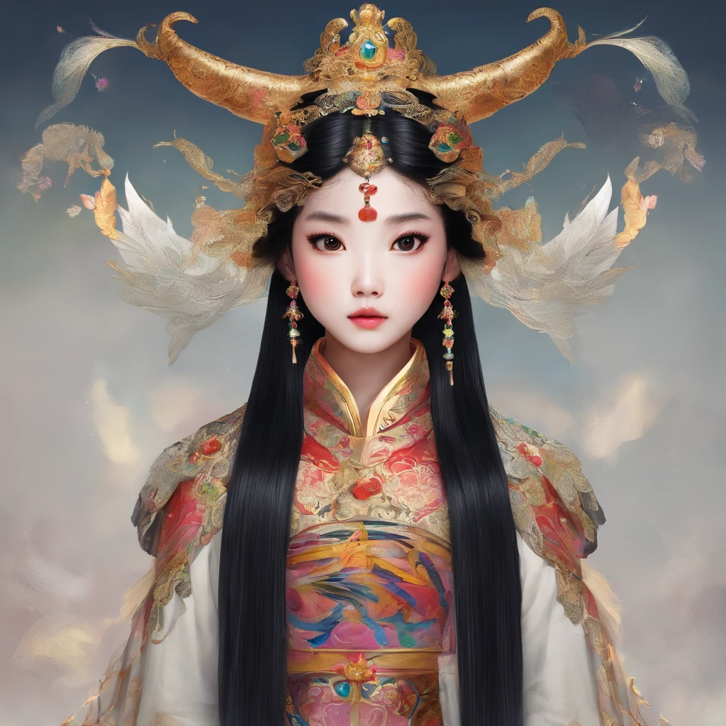 A Zhuang girl，Black hair，with a round face，largeeyes，and the story of a bull king god