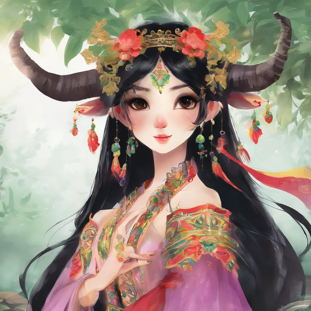 A Zhuang girl,Black hair,with a round face,largeeyes,and the story of a bull king god