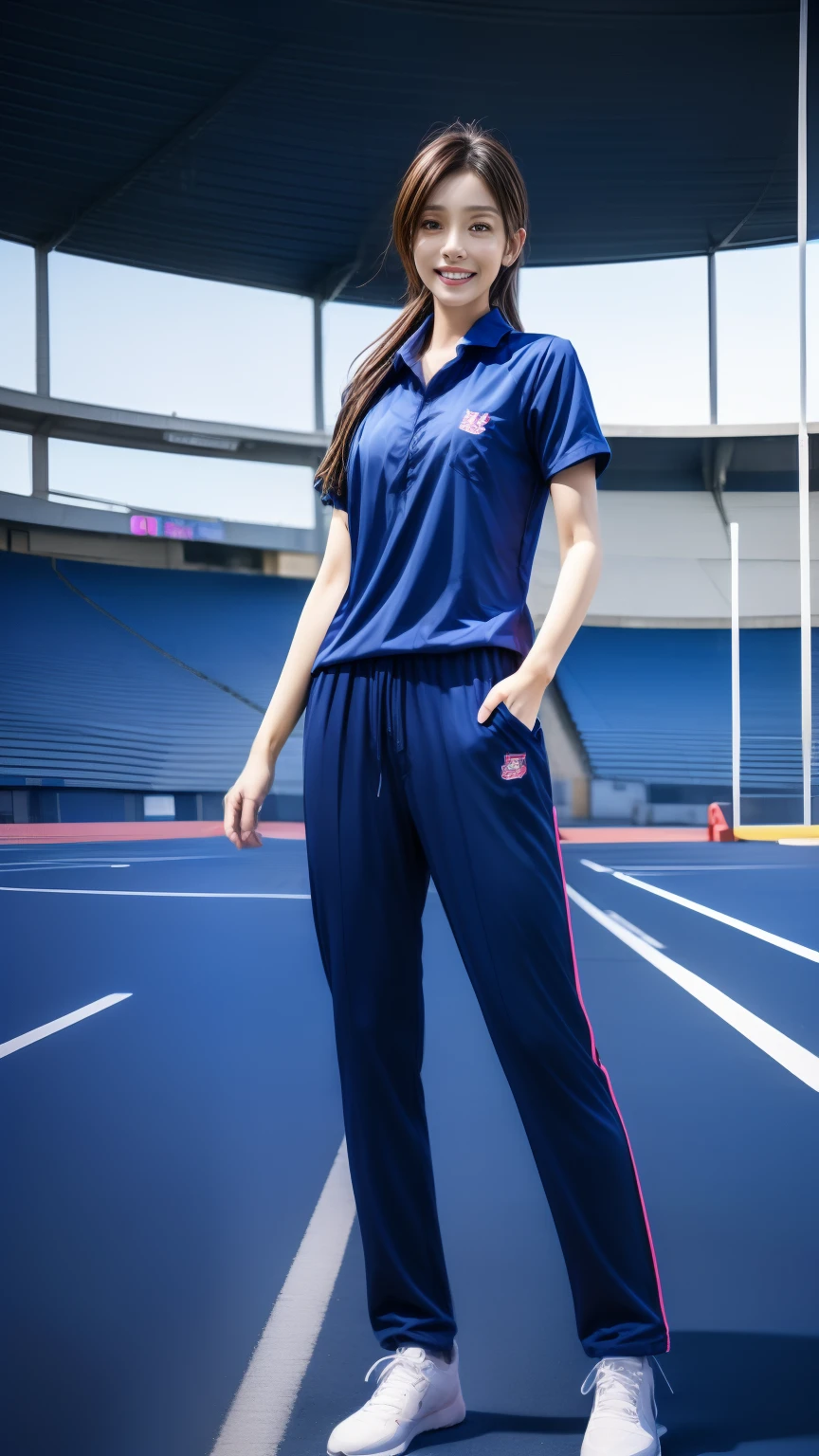 (bestquality,10,10,highres,masterpiece:1.2),ultra-detail,(Realistic,photorealistic portrait,photo-realistic:1.37),1 Cute girl in the football field,oily shiny skin,bara,light smile,BDclothes,((blue shirt:1.3)),short sleeves,shirt, trousers.,(navy_long_Pants Track:1.1), ((Stadium Background:1.3)),dynamic angle,excited,face focus,Dynamic Poses,from behide,Ass Focus,masterpiece, bestquality, ultra realistic, hyper-detail, 8k resolution, RAW photo, crisp focus, ((Navy blue shirt:1.1)), short sleeves, Long Path, Perfect body, 2 mature women, 18yo, cinematic light,Blue sweatpants,Gymware,Correct anatomy,Complete body, Correct body, sharp face, Anatomically correct body, full entire body, Realistic gestures, long-haired, Realistic poses,Wear long shorts..............,Long leg span,Shapely,Sculpting Girl, Slender Figure, mannequin mannequins, Shapely, Beautiful body,Blue sweatpants