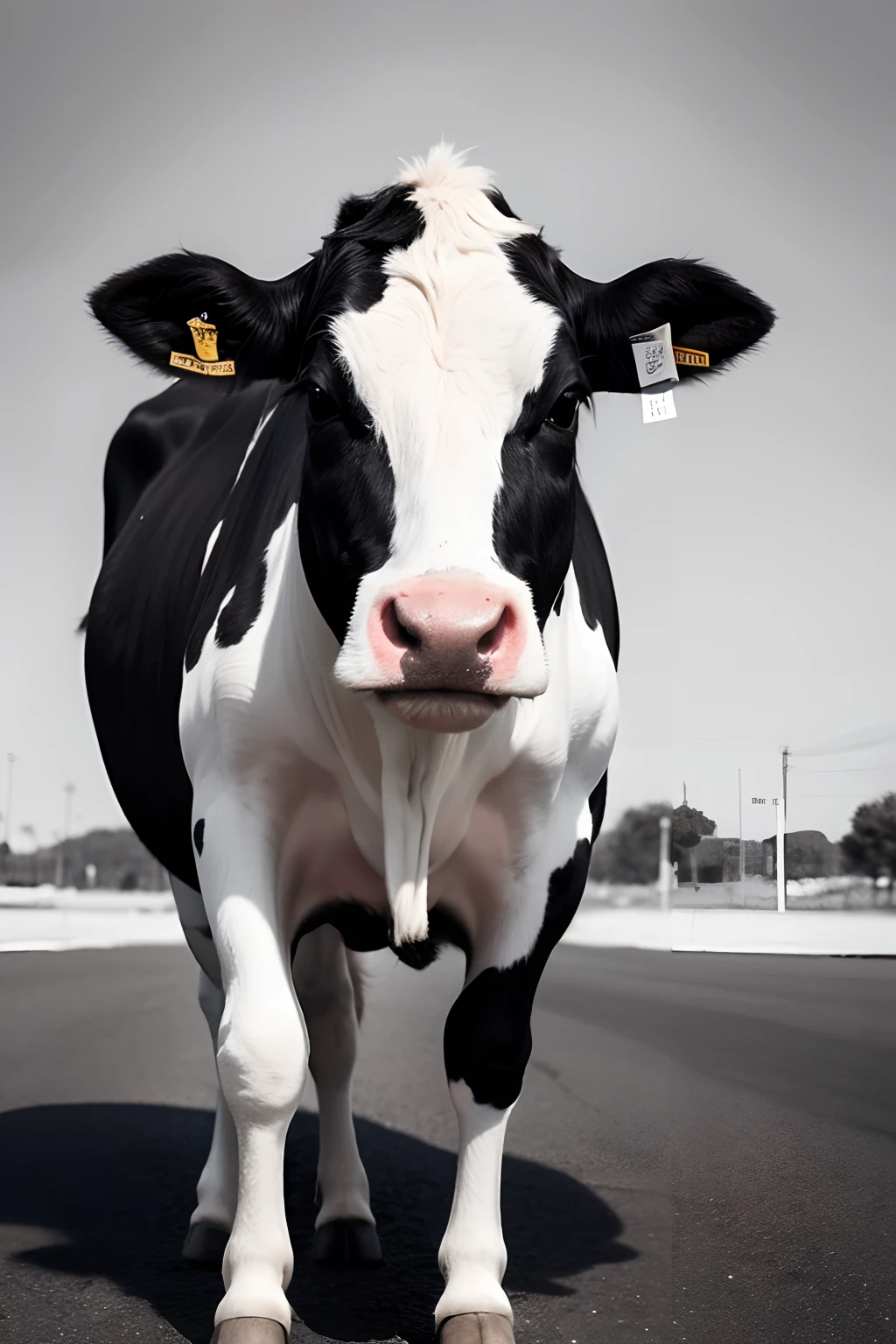 A cow，fully body photo，Black and white pattern cows，Side Body，Head facing the camera，graze，Full body photo，HD photo，solid color backdrop，white backgrounid，4K