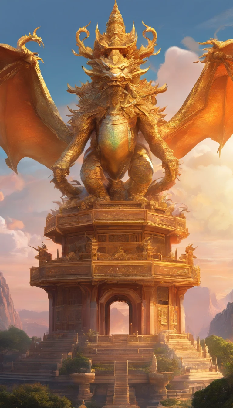 The giant statue stands on the back of an Asian dragon, below is an octagonal pedestal with two floors, with architectural details in the shape of a lotus flower and an Asian dragon relief, realistically depicting the Bodhisattva, standing out from the background. clear sky, surreal, Super detailed, Photorealistic:1.37, 3D Rendering, Cinematic lighting, Divine lighting, Ultra high definition, Masterpiece:1.2, Textured skin, Best quality, resolution high prize