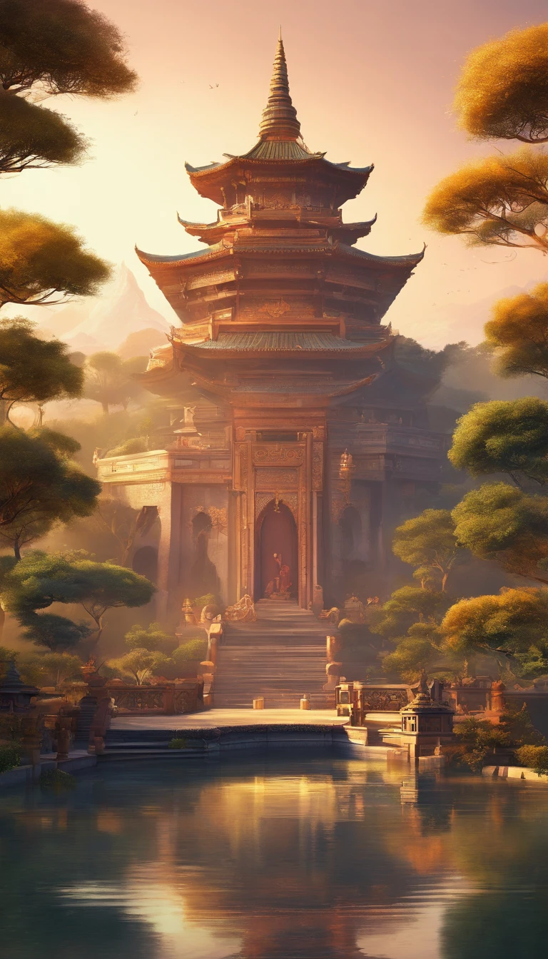 The giant statue stands on the back of an Asian dragon, below is an octagonal pedestal with two floors, with architectural details in the shape of a lotus flower and an Asian dragon relief, realistically depicting the Bodhisattva, standing out from the background. clear sky, surreal, Super detailed, Photorealistic:1.37, 3D Rendering, Cinematic lighting, Divine lighting, Ultra high definition, Masterpiece:1.2, Textured skin, Best quality, resolution high prize
