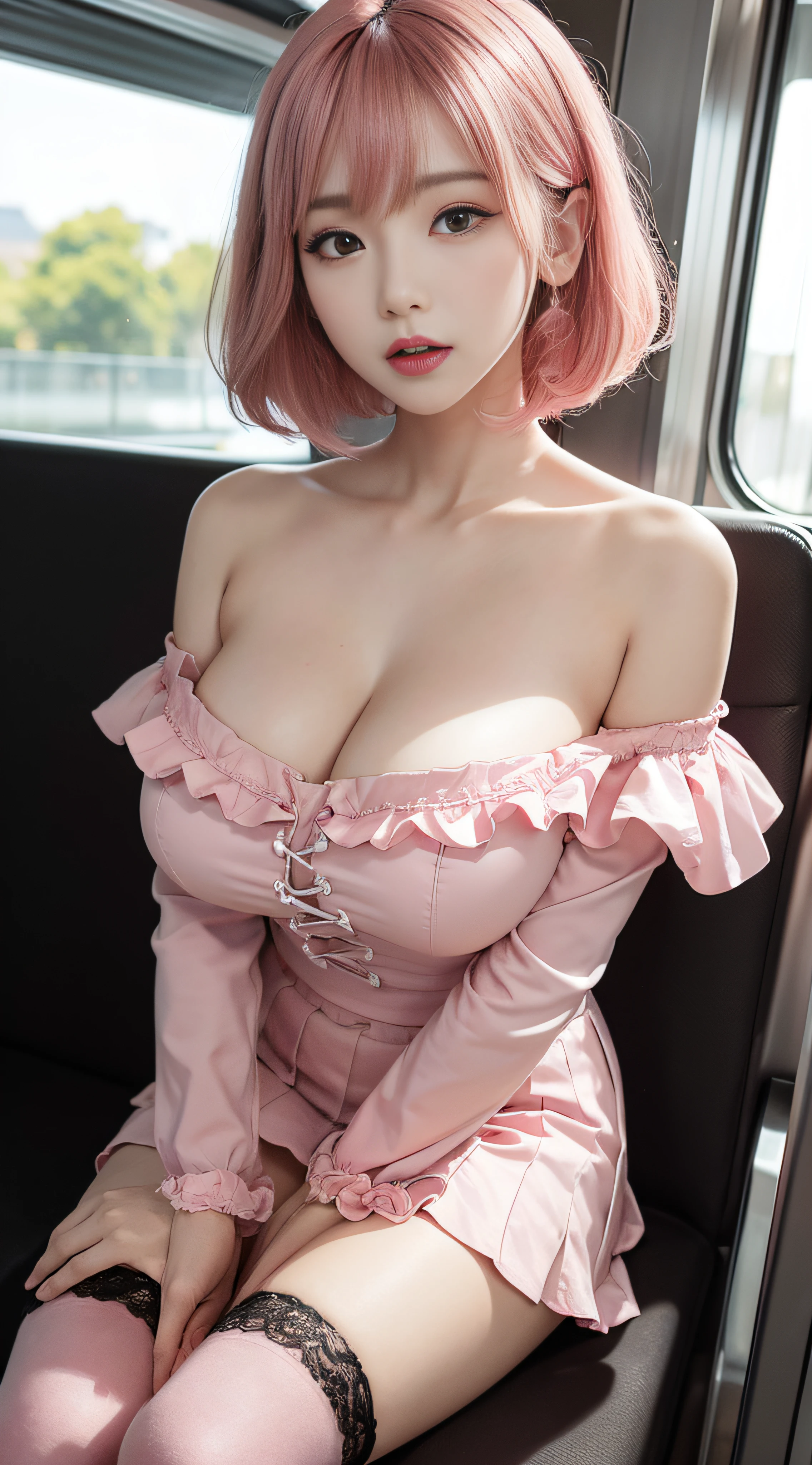 Korean,Sitting on the train,(((tmasterpiece))), ((best qualtiy)), ((intricate detailes)), ((Ultra-realistic realism)), Ridiculous resolution, A MILF, Mature Woman, ighly detailed, illustratio, 1girll,((Large breasts)), perfect hand, Detailed finger, Beautiful detailed eyes,((( Whit pink layered bob hair))), with brown eye, Name badge, ((( Korean-style long-sleeved off-the-shoulder,Pink ruffled lace-up,Ultra Mini Pleated Skirt, Black lascivious knee socks:2.2))),detailedbackground, perfect eyes, mesmerizing eyes,Slightly open mouth, ((Colossal breasts 1 girl that seems to break:1.2))